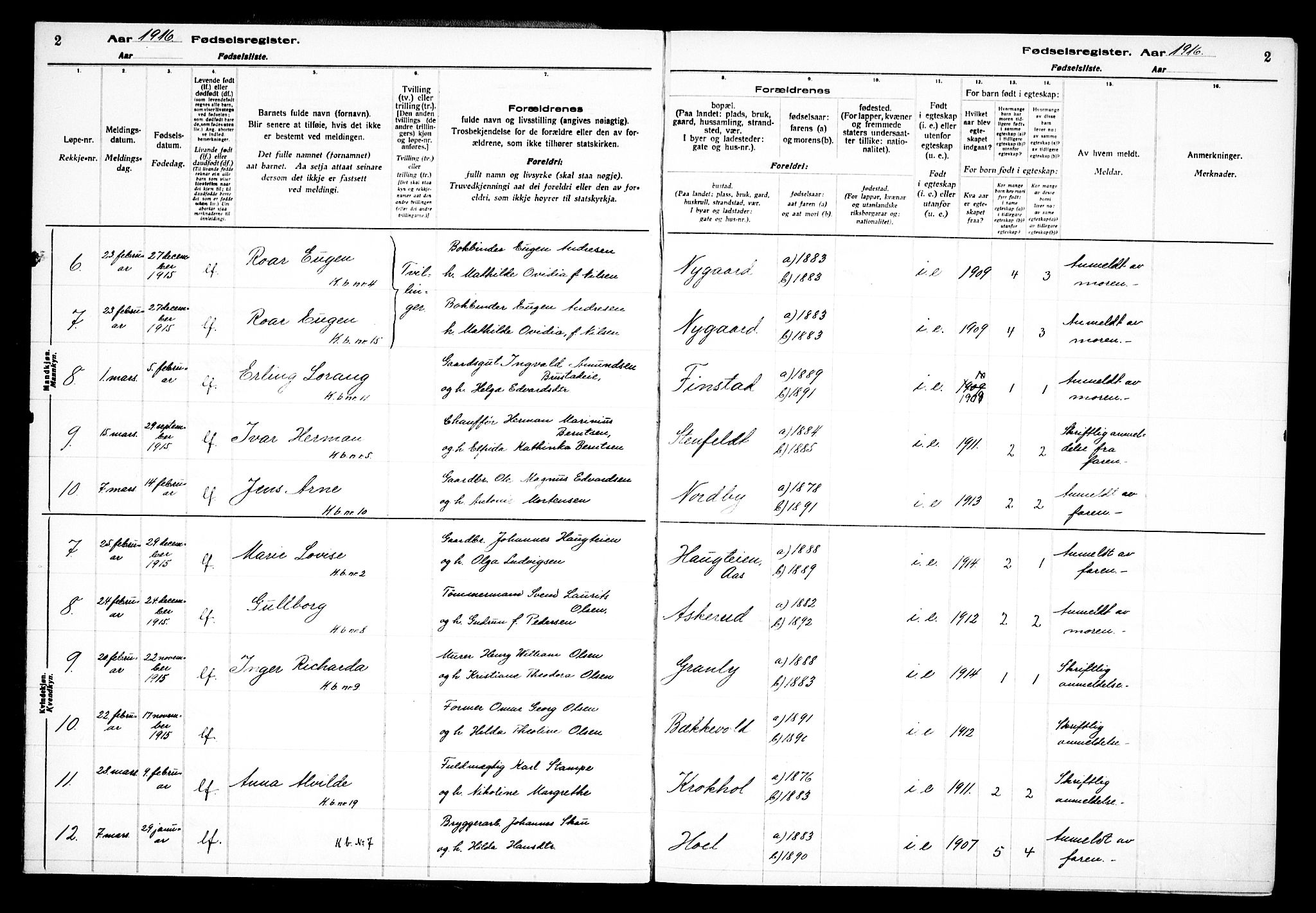 Kråkstad prestekontor Kirkebøker, AV/SAO-A-10125a/J/Jb/L0001: Fødselsregister nr. II 1, 1916-1936, s. 2