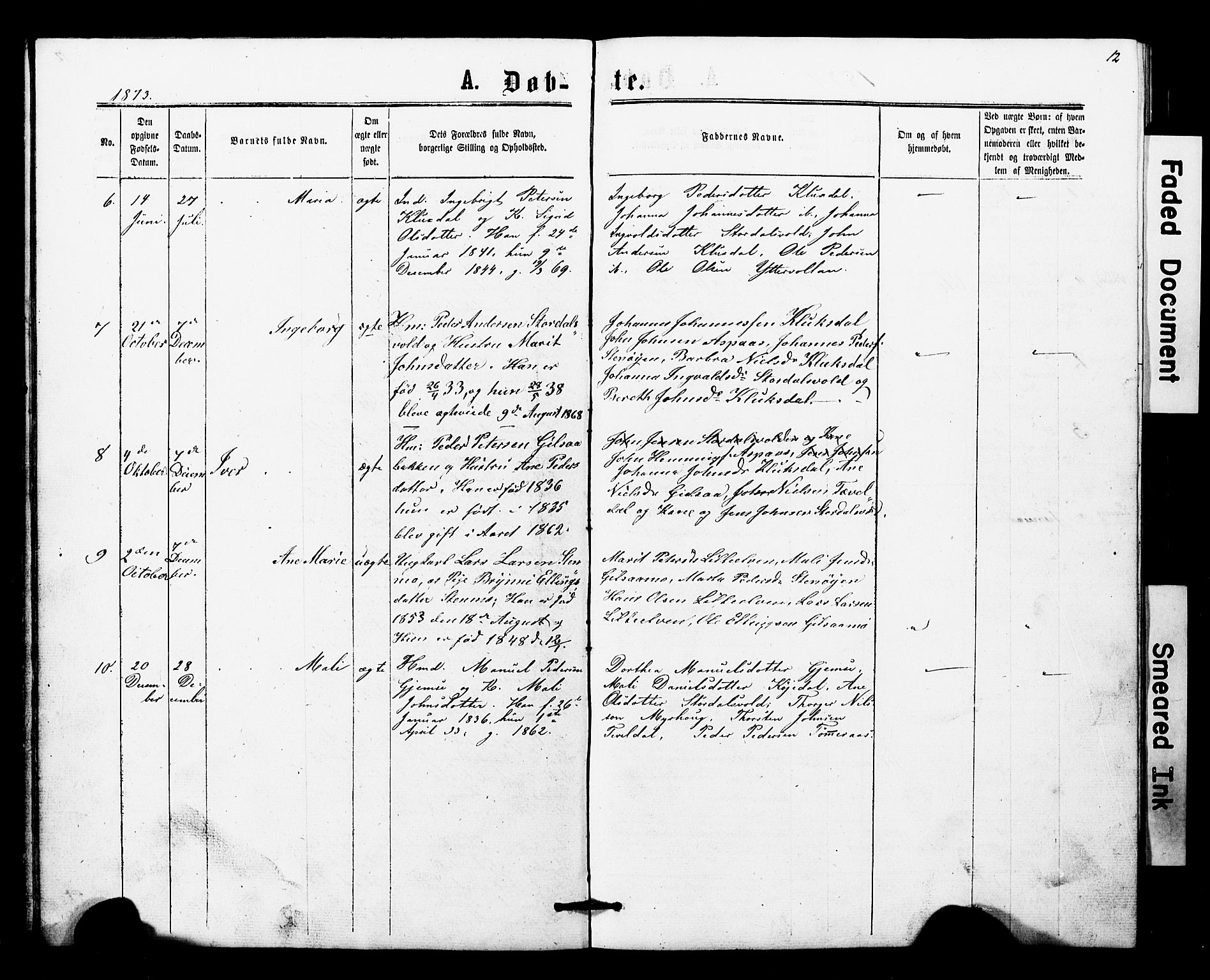 Ministerialprotokoller, klokkerbøker og fødselsregistre - Nord-Trøndelag, AV/SAT-A-1458/707/L0052: Klokkerbok nr. 707C01, 1864-1897, s. 12
