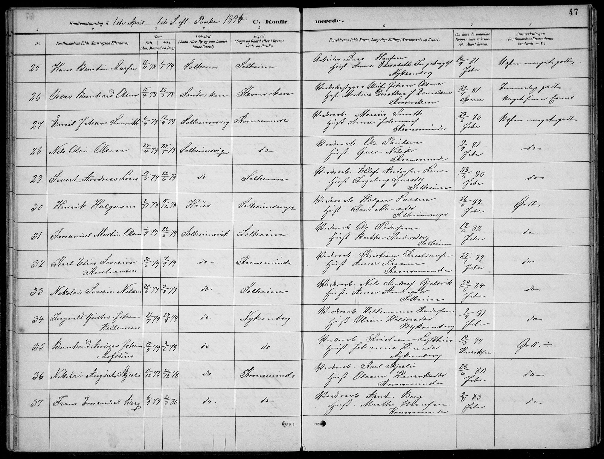 Årstad Sokneprestembete, AV/SAB-A-79301/H/Hab/L0011: Klokkerbok nr. B 1, 1886-1901, s. 47