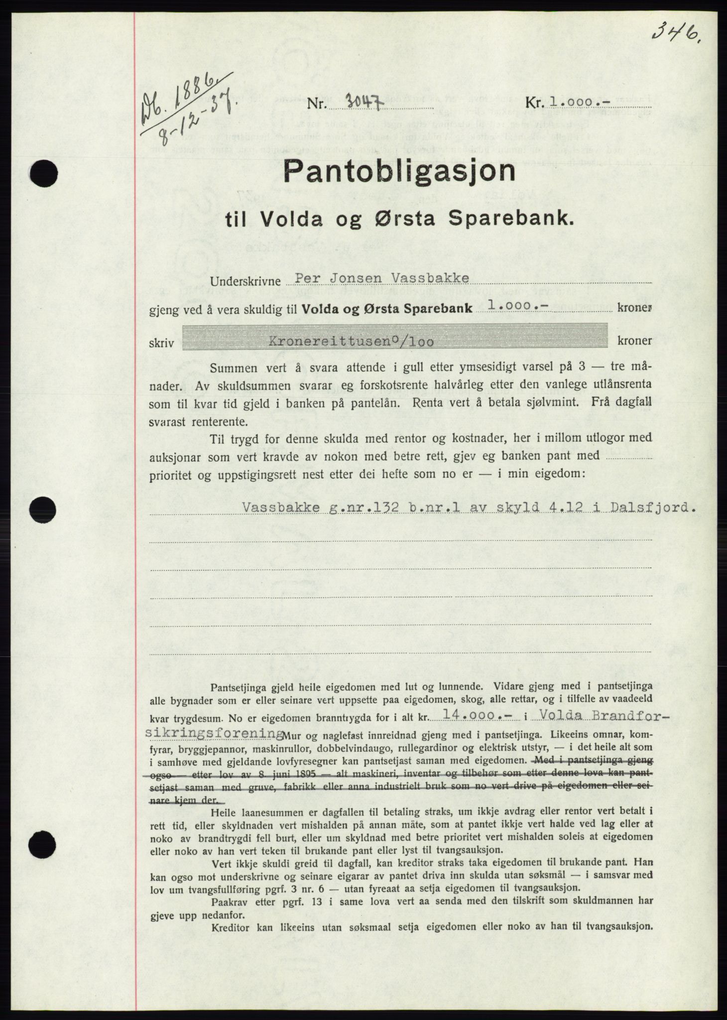Søre Sunnmøre sorenskriveri, SAT/A-4122/1/2/2C/L0064: Pantebok nr. 58, 1937-1938, Dagboknr: 1886/1937