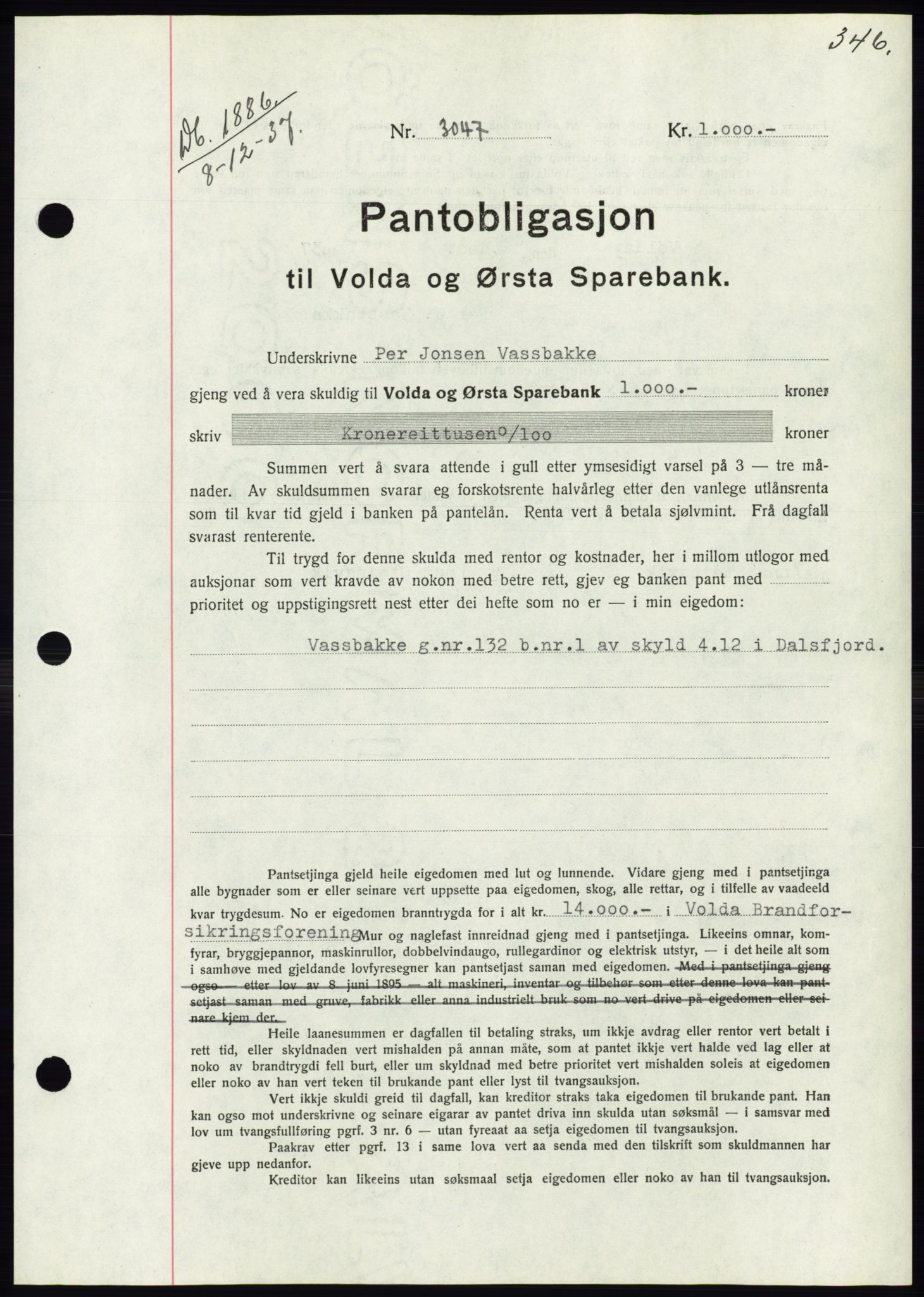 Søre Sunnmøre sorenskriveri, AV/SAT-A-4122/1/2/2C/L0064: Pantebok nr. 58, 1937-1938, Dagboknr: 1886/1937