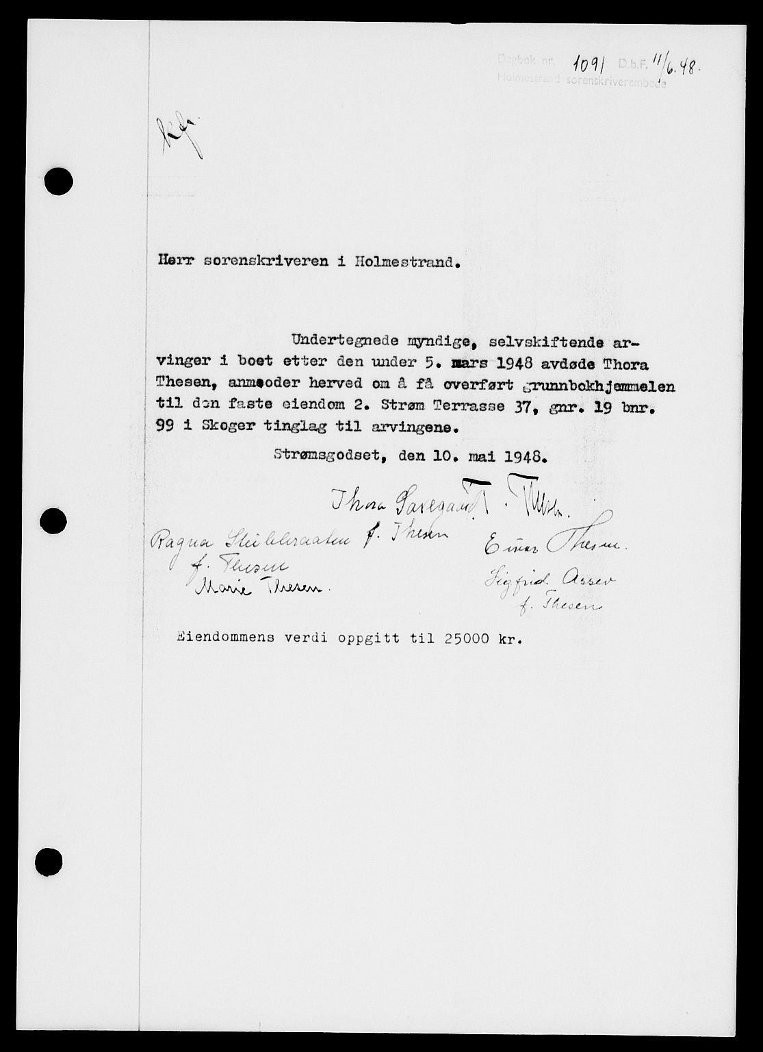 Holmestrand sorenskriveri, SAKO/A-67/G/Ga/Gaa/L0064: Pantebok nr. A-64, 1948-1948, Dagboknr: 1091/1948