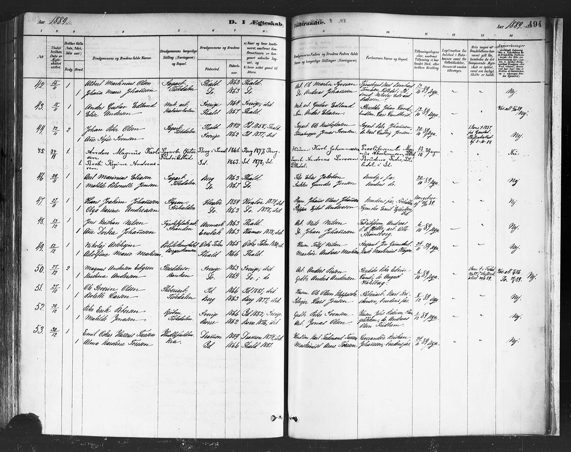 Halden prestekontor Kirkebøker, SAO/A-10909/F/Fa/L0011: Ministerialbok nr. I 11, 1878-1889, s. 494
