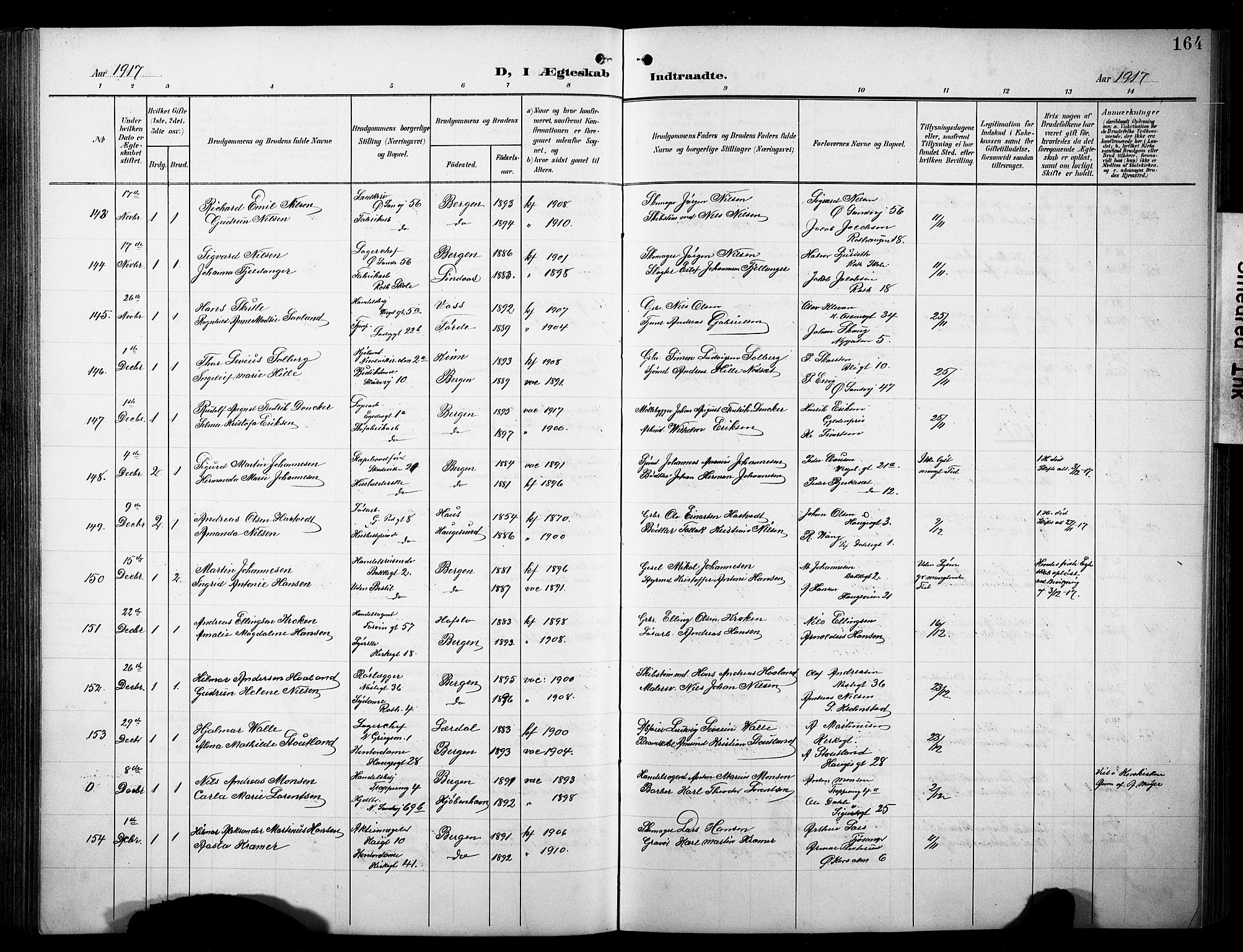 Sandviken Sokneprestembete, AV/SAB-A-77601/H/Hb/L0014: Klokkerbok nr. D 1, 1902-1929, s. 164