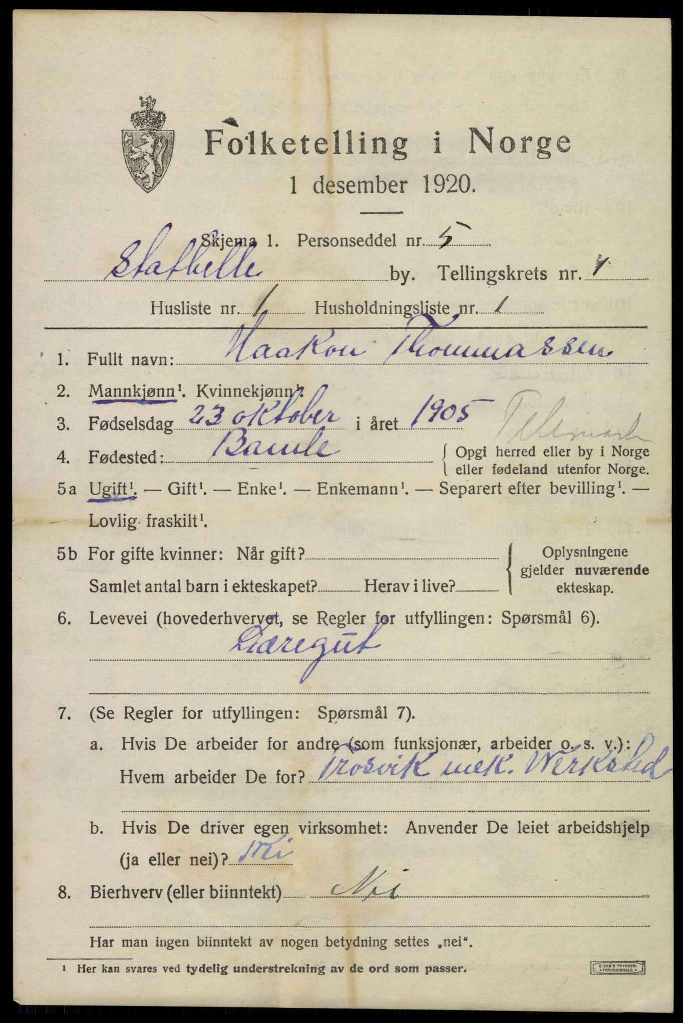 SAKO, Folketelling 1920 for 0803 Stathelle ladested, 1920, s. 543