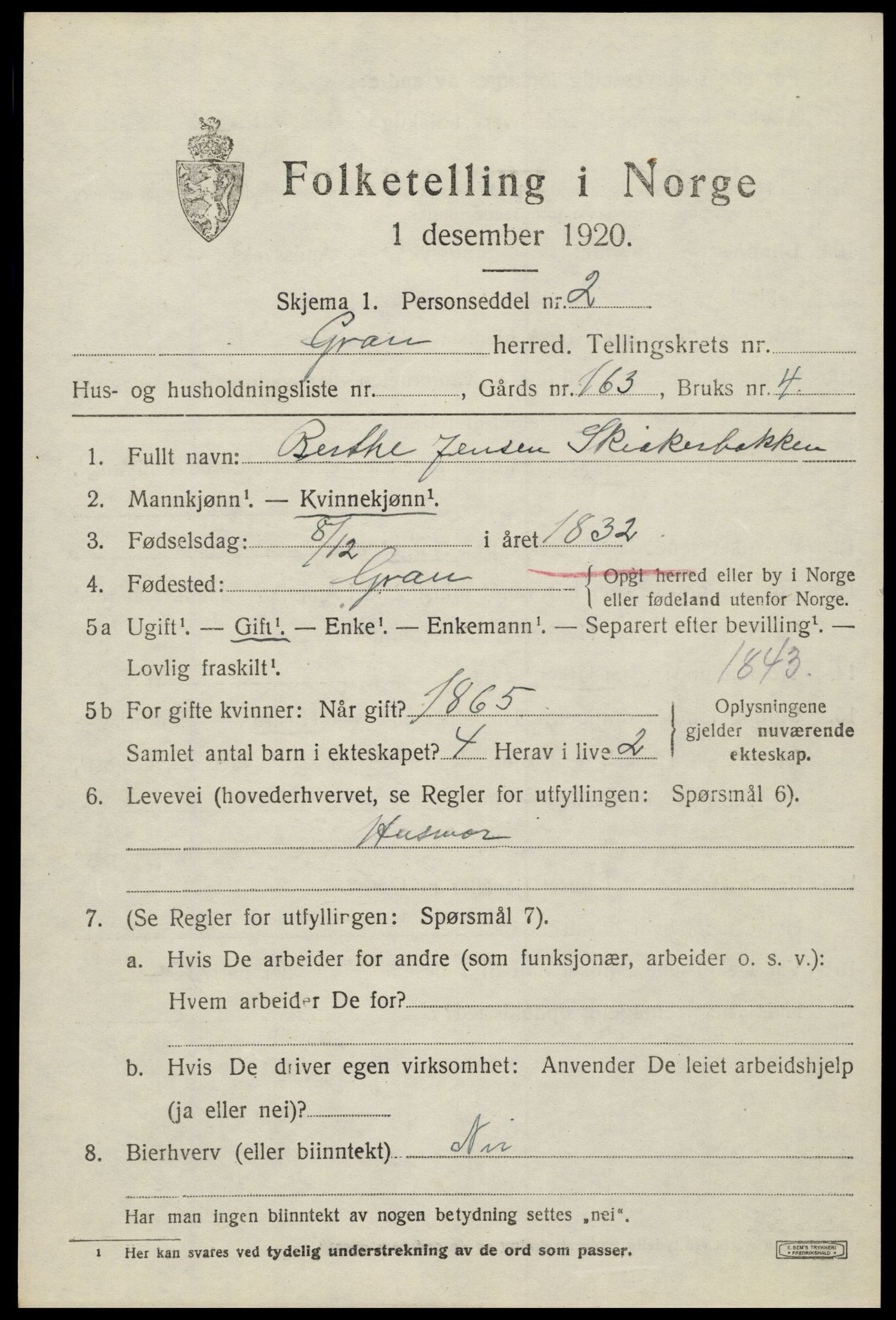 SAH, Folketelling 1920 for 0534 Gran herred, 1920, s. 7485
