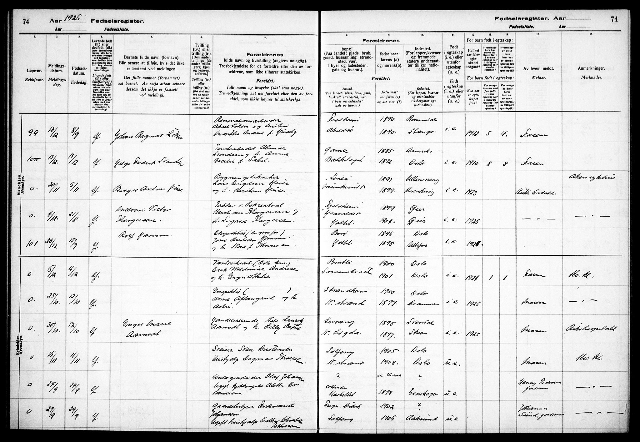 Nordstrand prestekontor Kirkebøker, AV/SAO-A-10362a/J/Ja/L0002: Fødselsregister nr. I 2, 1924-1930, s. 74