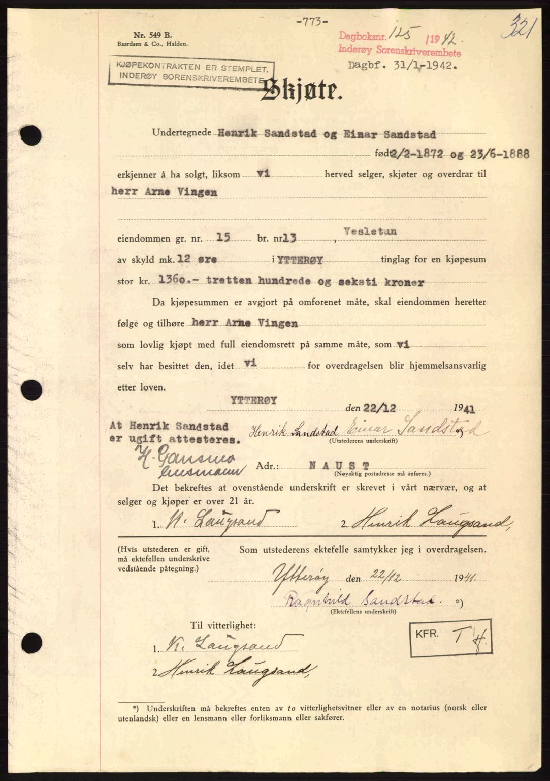 Inderøy sorenskriveri, SAT/A-4147/1/2/2C: Pantebok nr. Y1, 1936-1950, Dagboknr: 125/1942