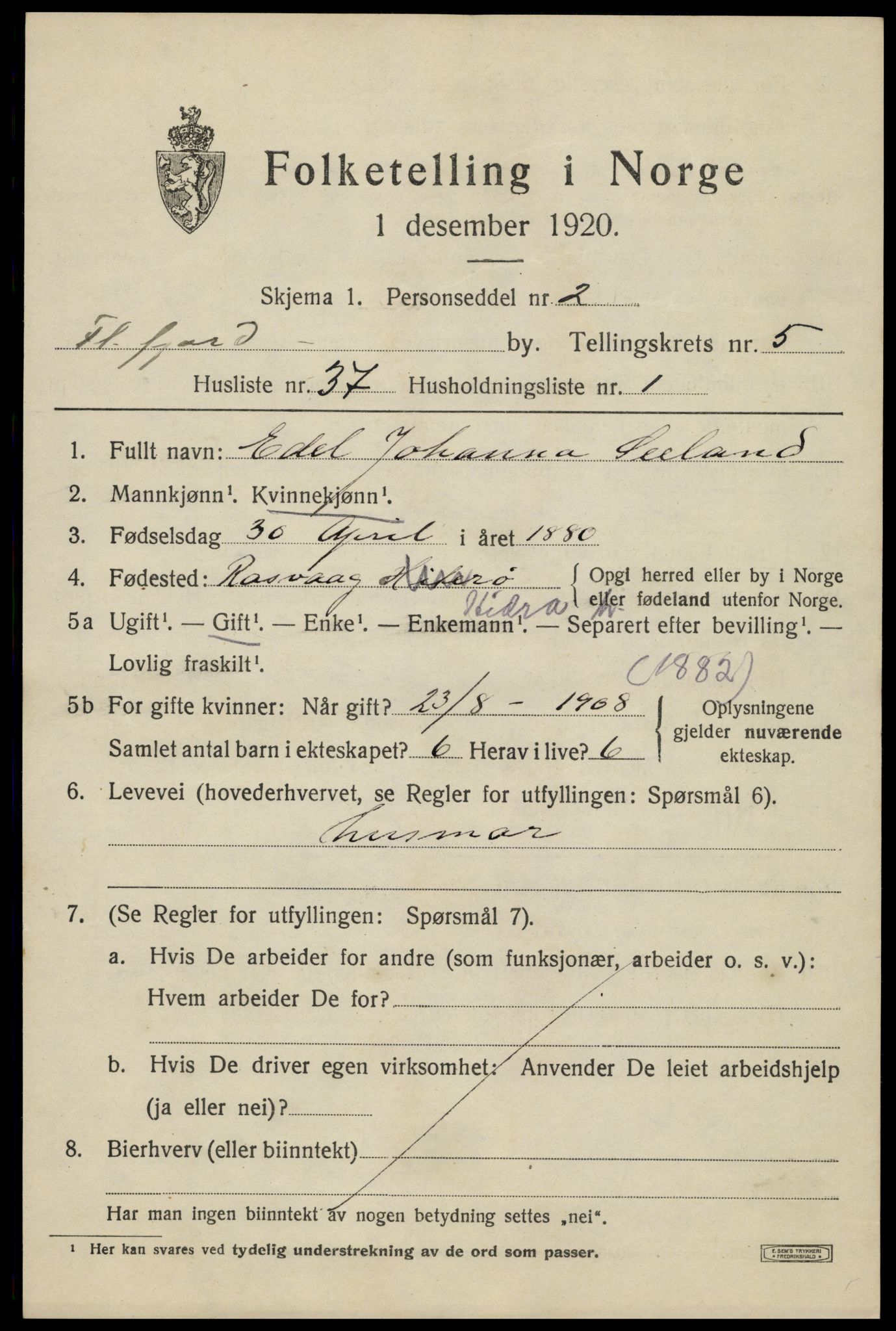 SAK, Folketelling 1920 for 1004 Flekkefjord kjøpstad, 1920, s. 5746