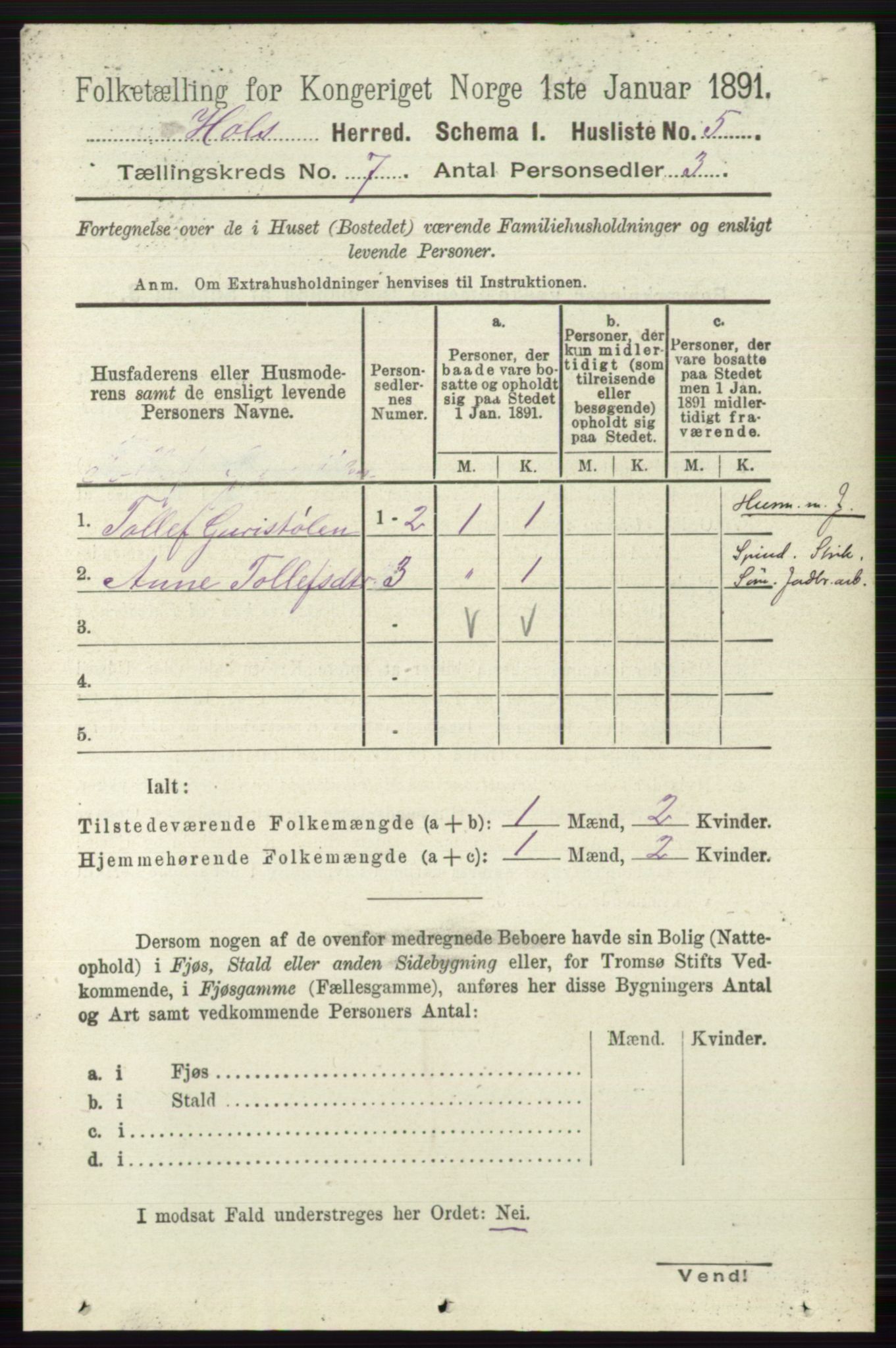 RA, Folketelling 1891 for 0620 Hol herred, 1891, s. 1980