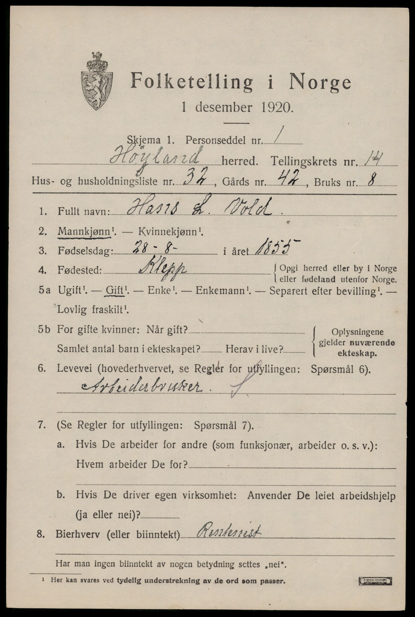 SAST, Folketelling 1920 for 1123 Høyland herred, 1920, s. 13410