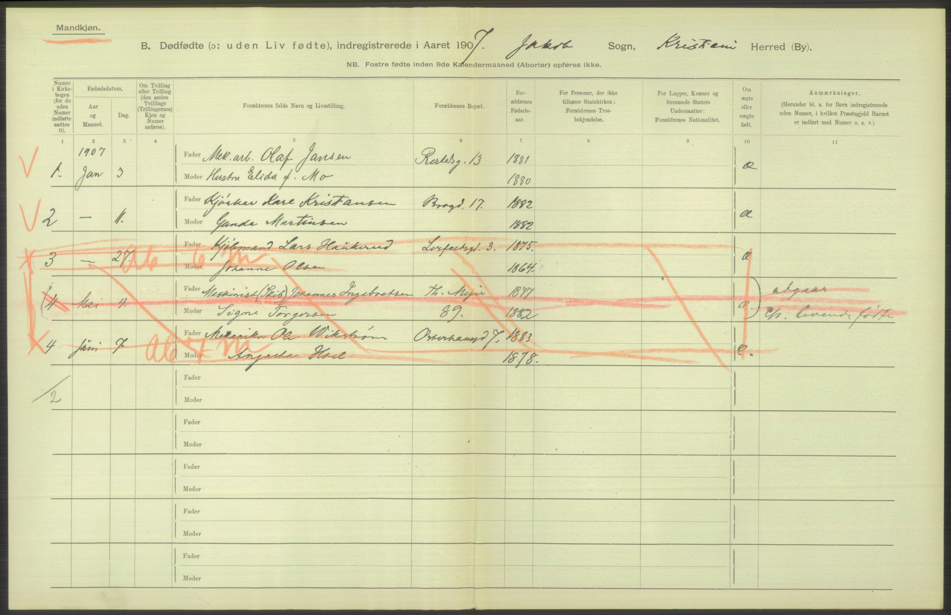 Statistisk sentralbyrå, Sosiodemografiske emner, Befolkning, RA/S-2228/D/Df/Dfa/Dfae/L0010: Kristiania: Døde, dødfødte, 1907, s. 88