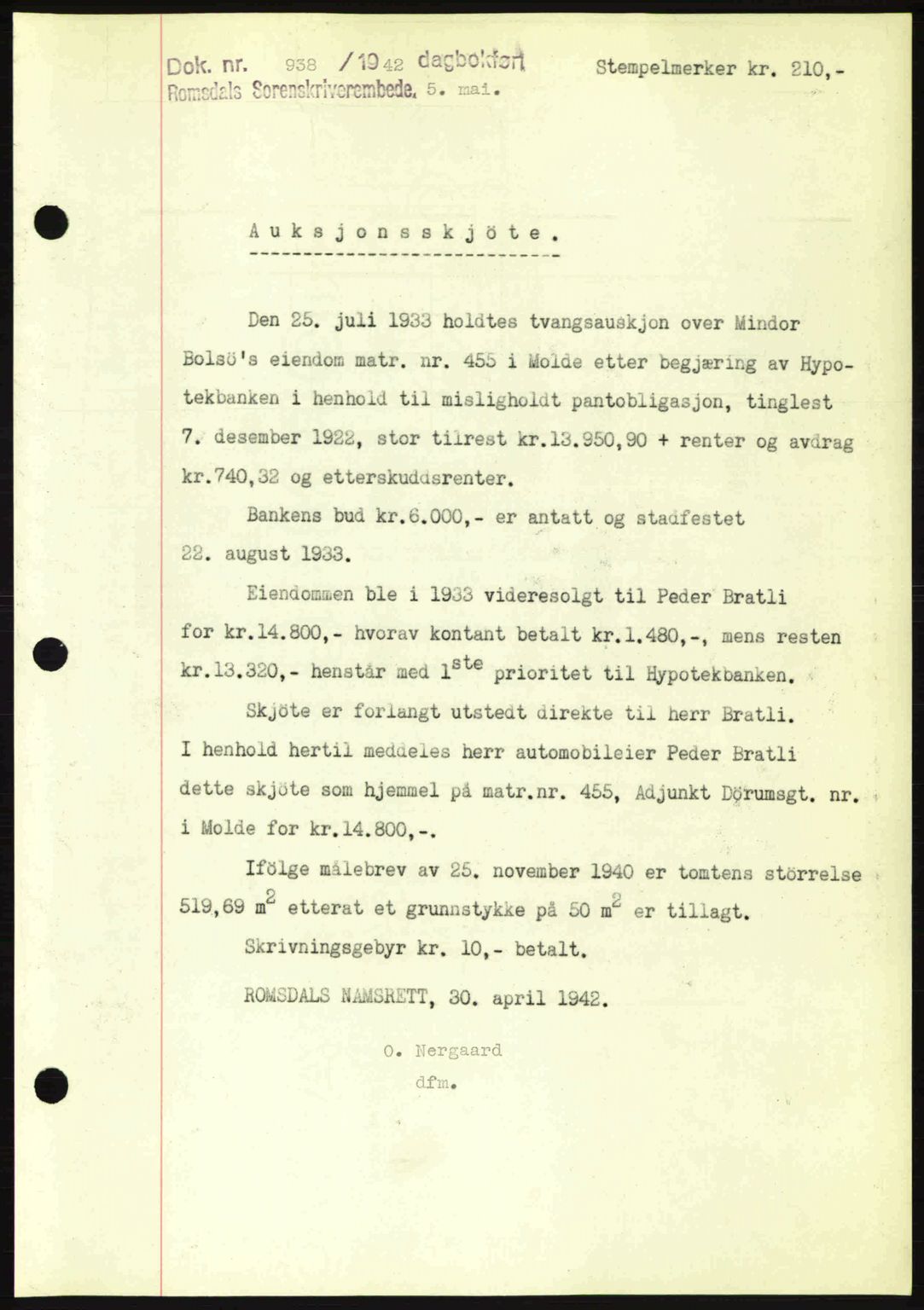 Romsdal sorenskriveri, SAT/A-4149/1/2/2C: Pantebok nr. A12, 1942-1942, Dagboknr: 938/1942