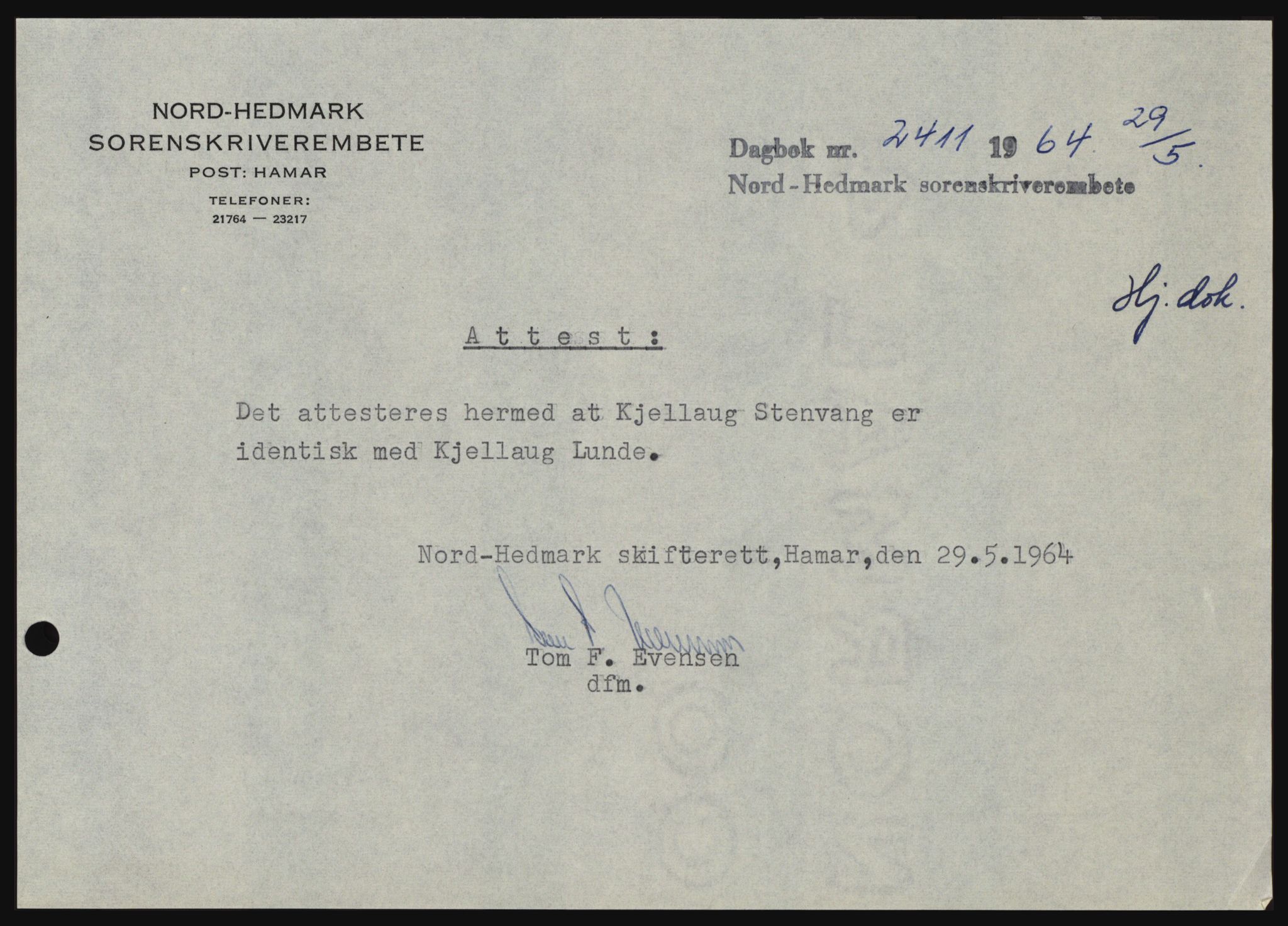 Nord-Hedmark sorenskriveri, SAH/TING-012/H/Hc/L0019: Pantebok nr. 19, 1963-1964, Dagboknr: 2411/1964