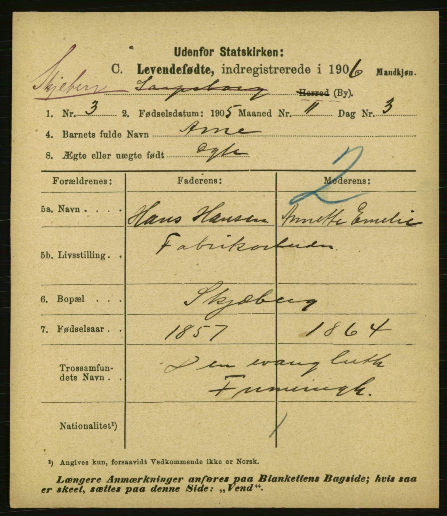 Statistisk sentralbyrå, Sosiodemografiske emner, Befolkning, AV/RA-S-2228/E/L0004: Fødte, gifte, døde dissentere., 1906, s. 7
