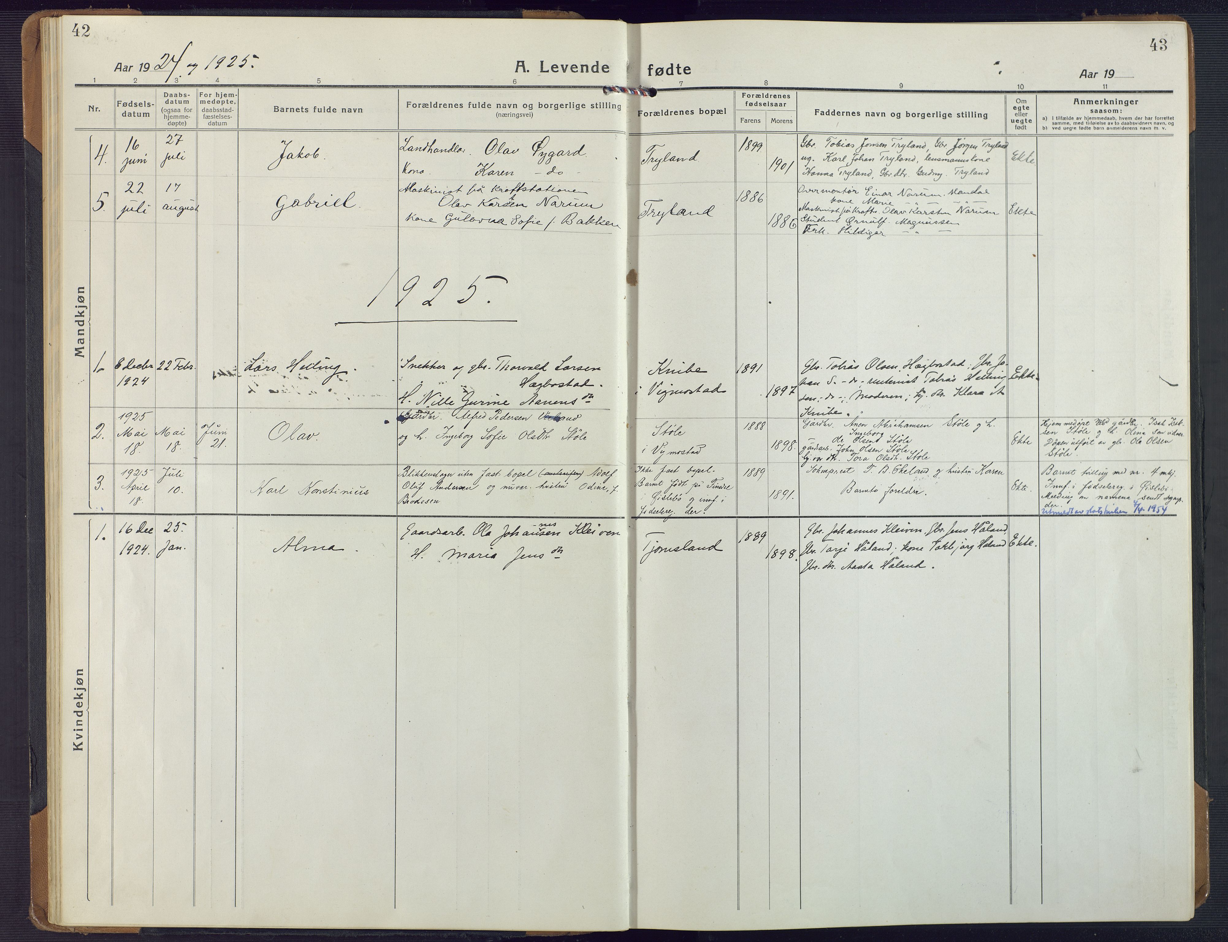 Nord-Audnedal sokneprestkontor, SAK/1111-0032/F/Fa/Fab/L0005: Ministerialbok nr. A 5, 1918-1925, s. 42-43