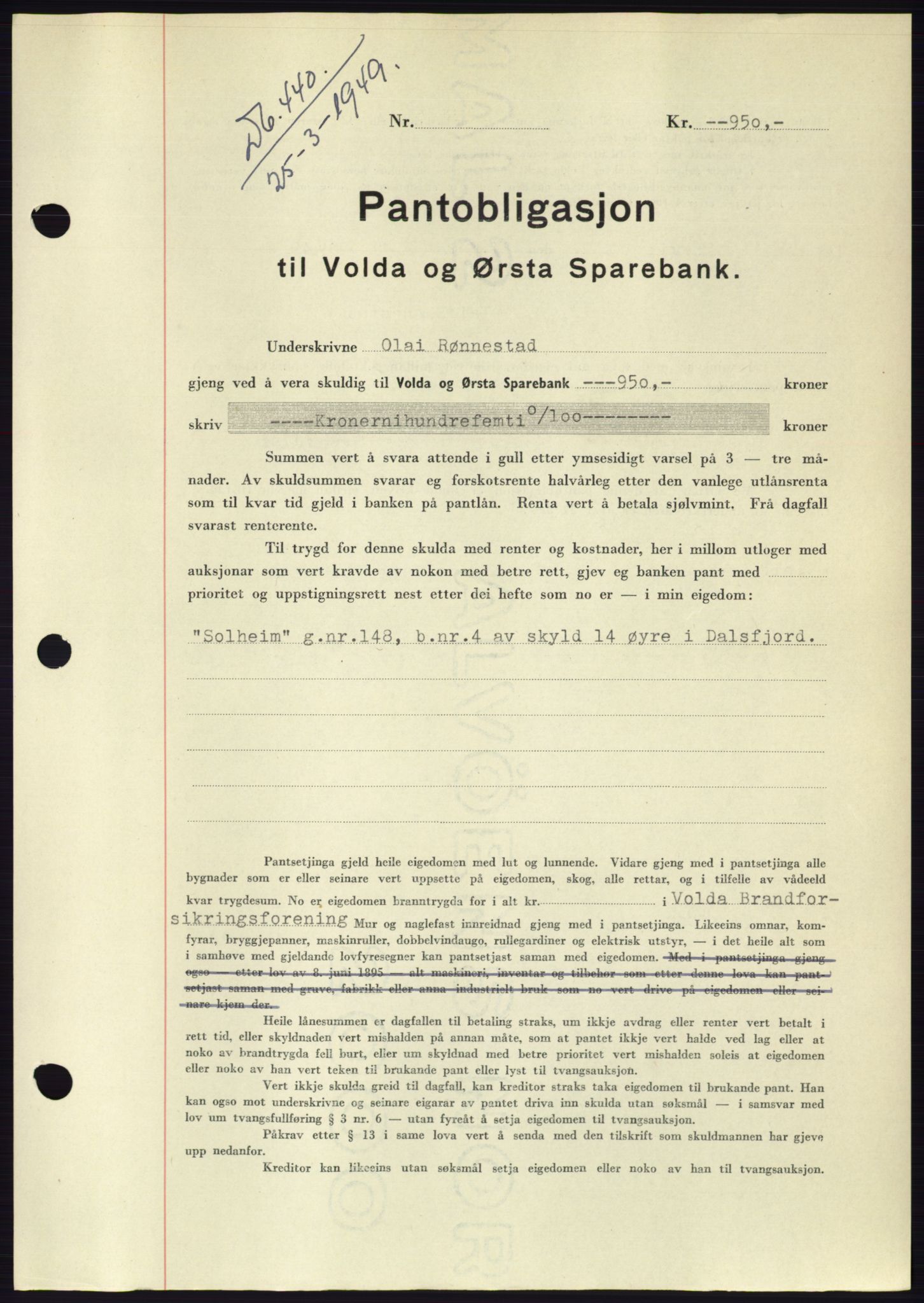 Søre Sunnmøre sorenskriveri, SAT/A-4122/1/2/2C/L0116: Pantebok nr. 4B, 1948-1949, Dagboknr: 440/1949