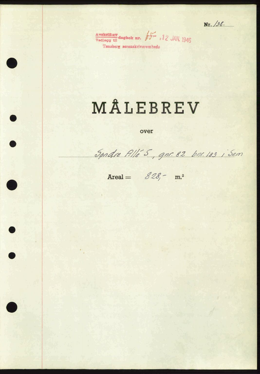 Jarlsberg sorenskriveri, SAKO/A-131/G/Ga/Gaa/L0018b: Pantebok nr. A-18b, 1946-1946, Dagboknr: 65/1946