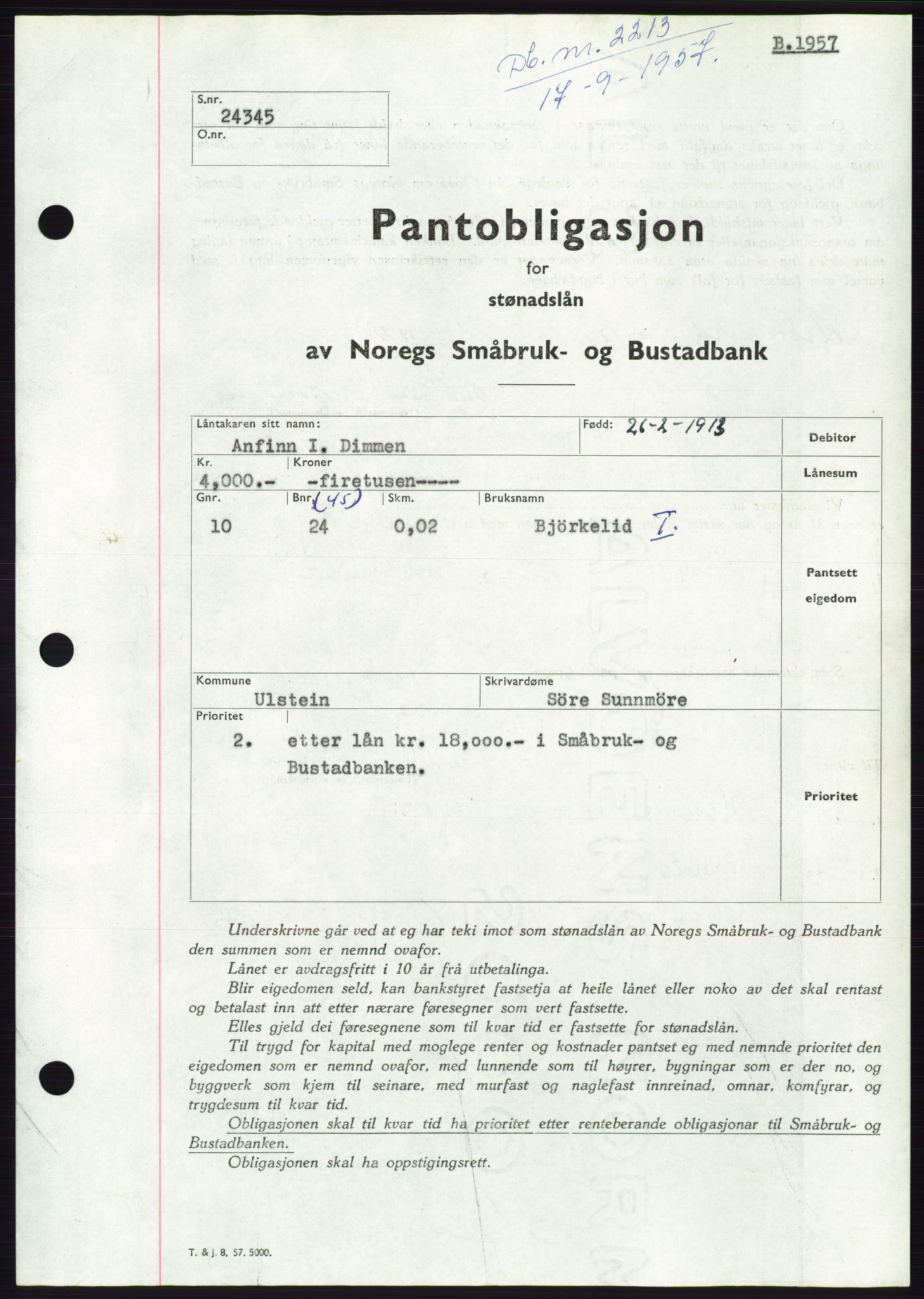 Søre Sunnmøre sorenskriveri, AV/SAT-A-4122/1/2/2C/L0130: Pantebok nr. 18B, 1957-1958, Dagboknr: 2213/1957