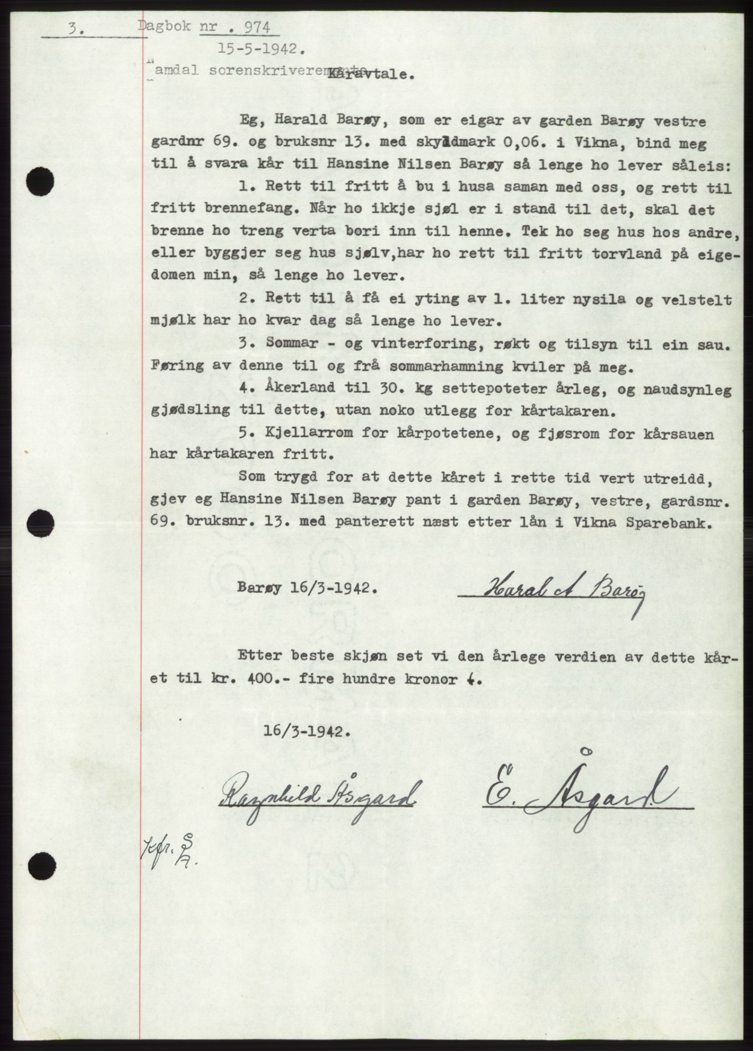 Namdal sorenskriveri, SAT/A-4133/1/2/2C: Pantebok nr. -, 1941-1942, Dagboknr: 974/1942