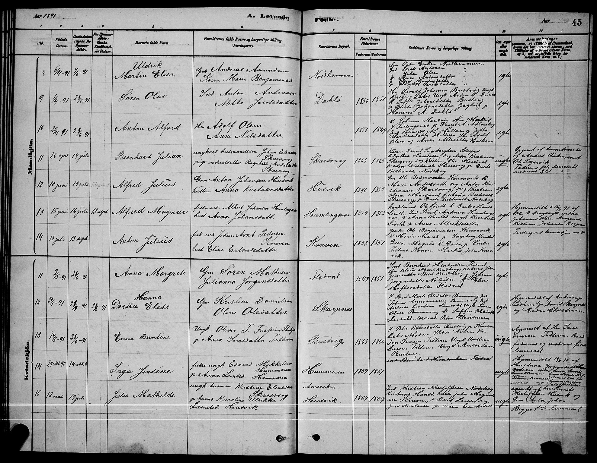 Ministerialprotokoller, klokkerbøker og fødselsregistre - Sør-Trøndelag, SAT/A-1456/641/L0597: Klokkerbok nr. 641C01, 1878-1893, s. 45