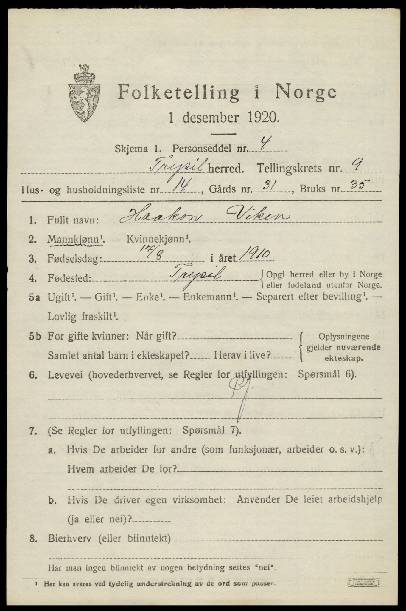 SAH, Folketelling 1920 for 0428 Trysil herred, 1920, s. 6695