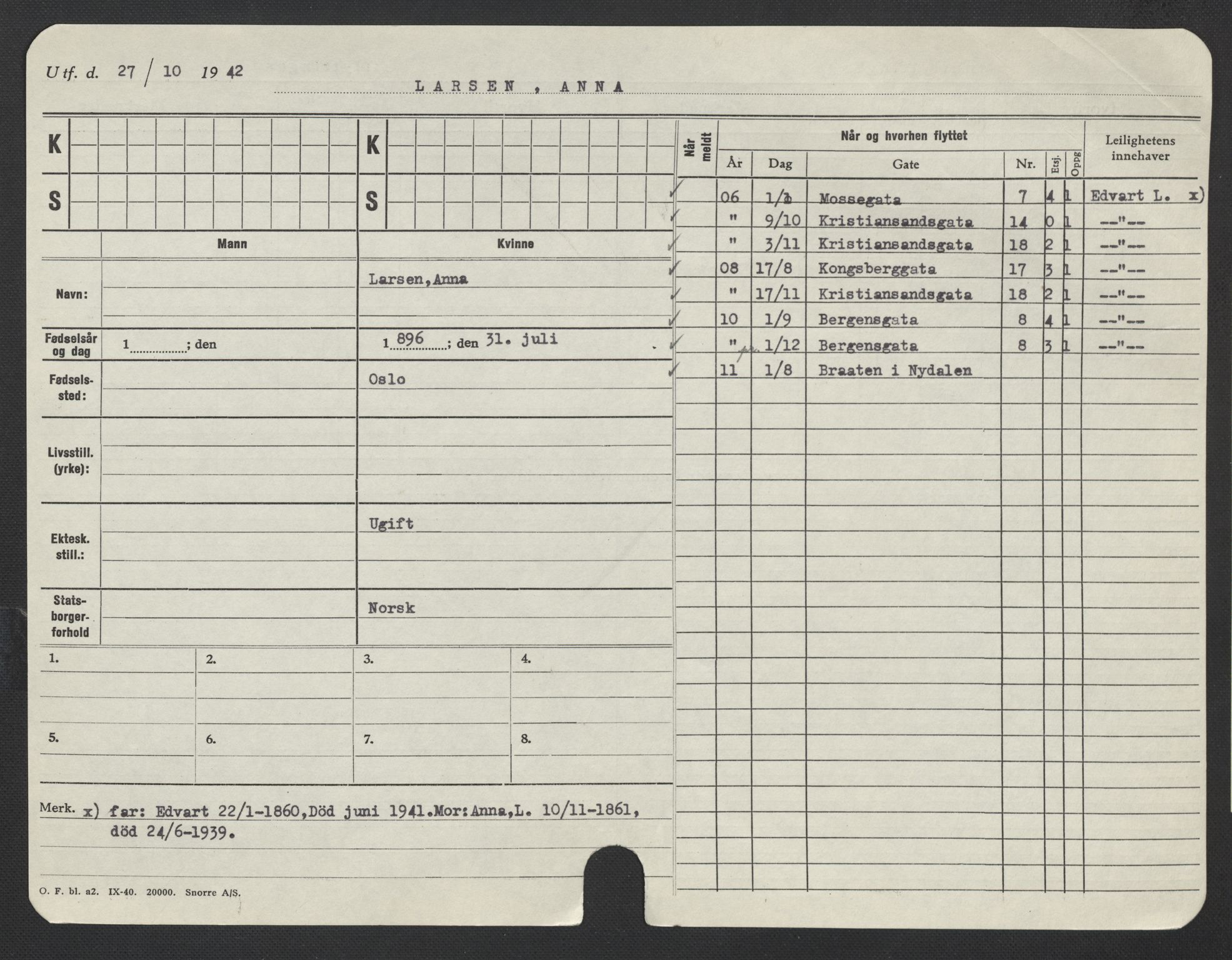 Oslo folkeregister, Registerkort, AV/SAO-A-11715/F/Fa/Fac/L0019: Kvinner, 1906-1914, s. 808a