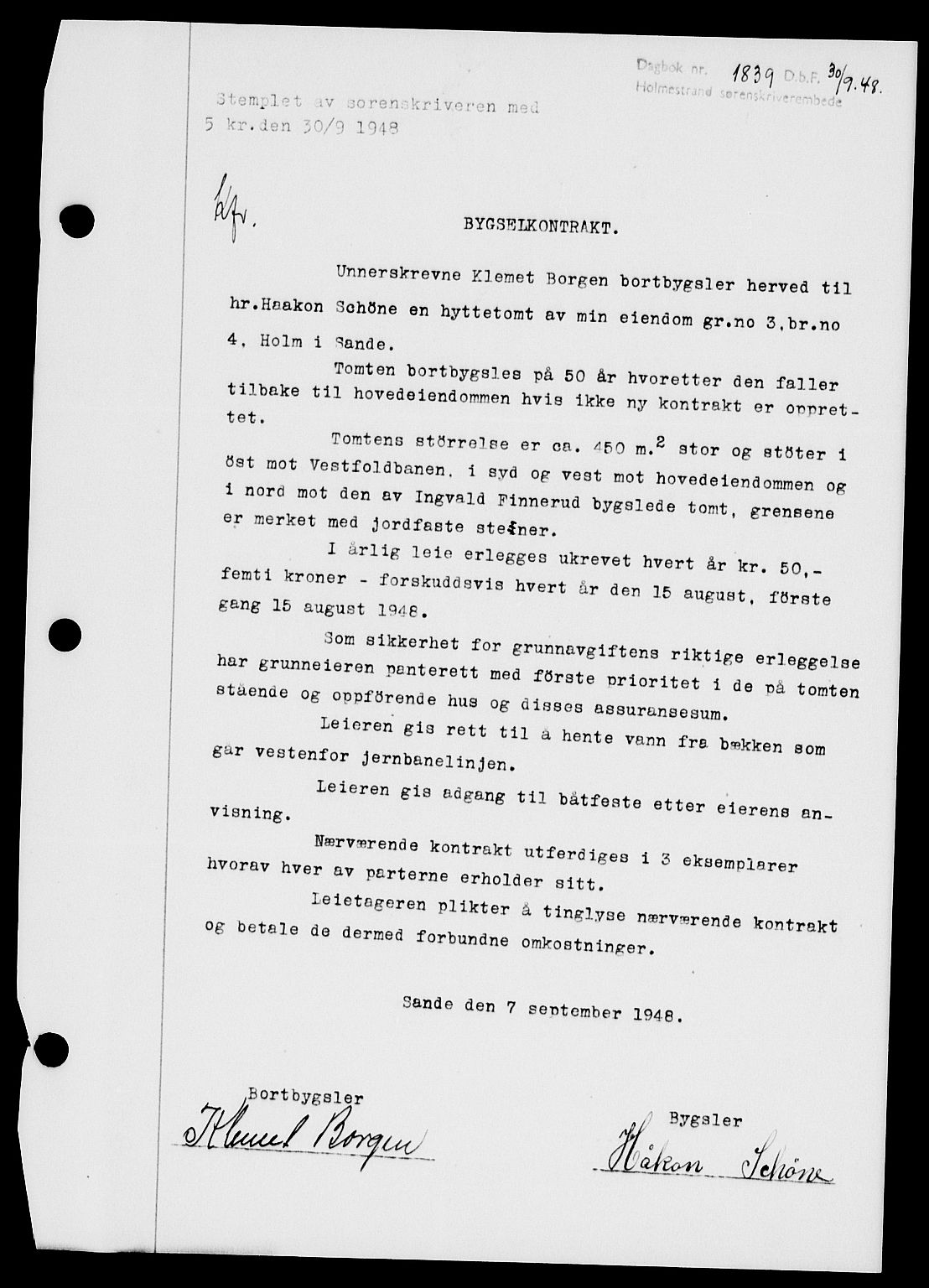 Holmestrand sorenskriveri, SAKO/A-67/G/Ga/Gaa/L0064: Pantebok nr. A-64, 1948-1948, Dagboknr: 1839/1948