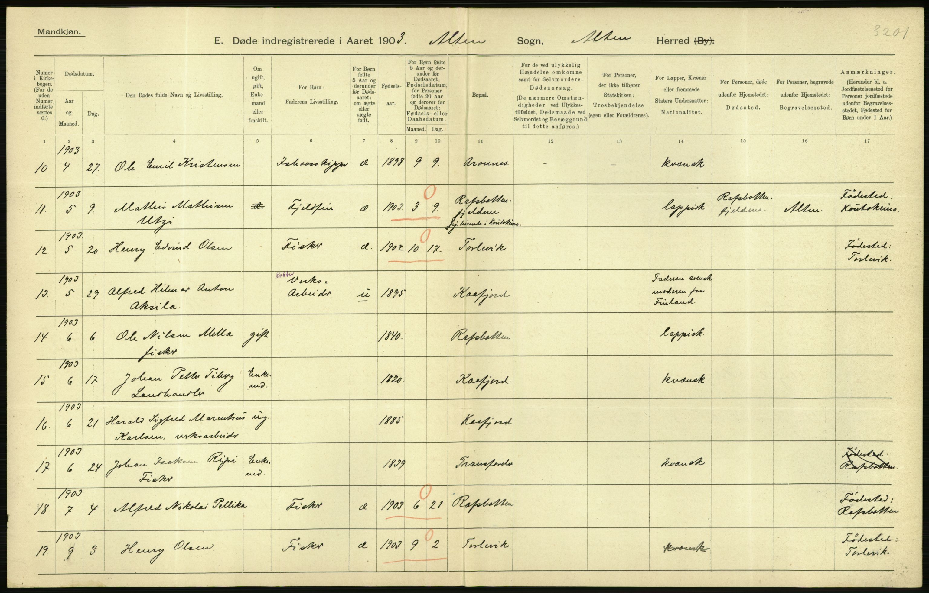 Statistisk sentralbyrå, Sosiodemografiske emner, Befolkning, AV/RA-S-2228/D/Df/Dfa/Dfaa/L0022: Finnmarkens amt: Fødte, gifte, døde., 1903, s. 214