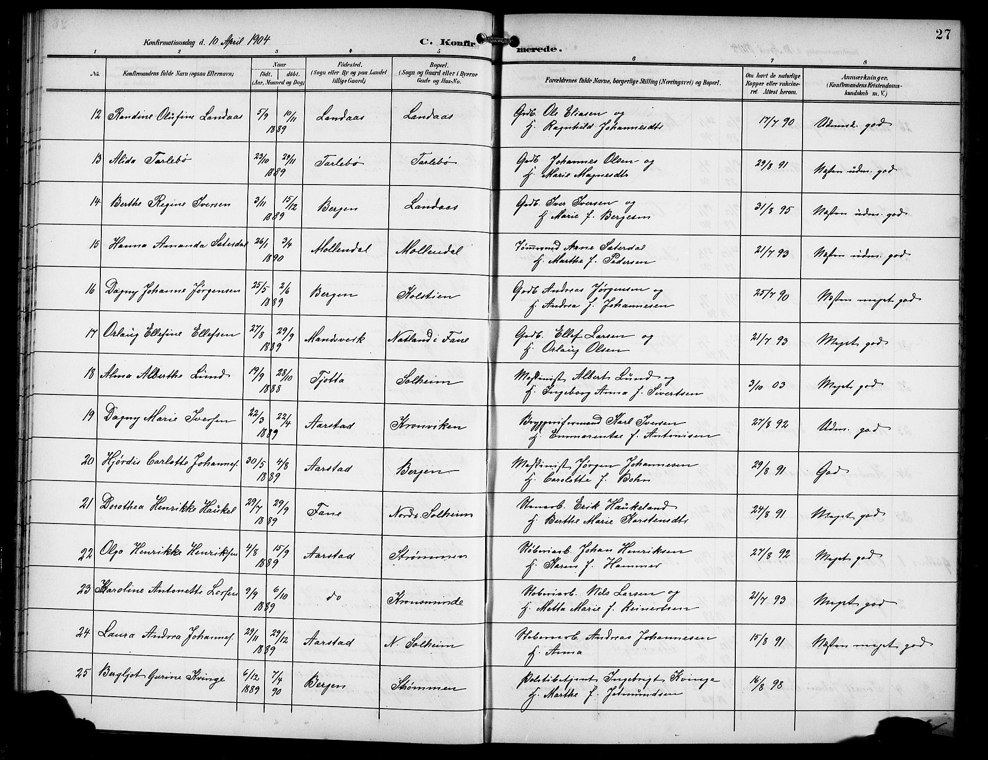 Årstad Sokneprestembete, AV/SAB-A-79301/H/Hab/L0012: Klokkerbok nr. B 2, 1901-1914, s. 27