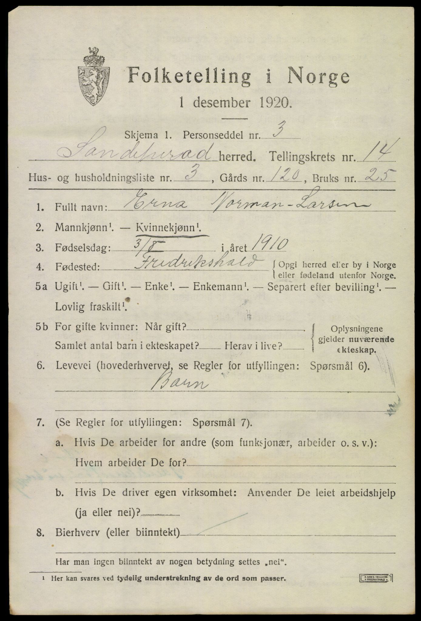 SAKO, Folketelling 1920 for 0724 Sandeherred herred, 1920, s. 20214