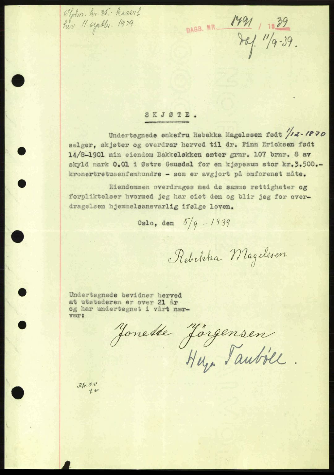 Sør-Gudbrandsdal tingrett, SAH/TING-004/H/Hb/Hbd/L0006: Pantebok nr. A6, 1939-1939, Dagboknr: 1791/1939