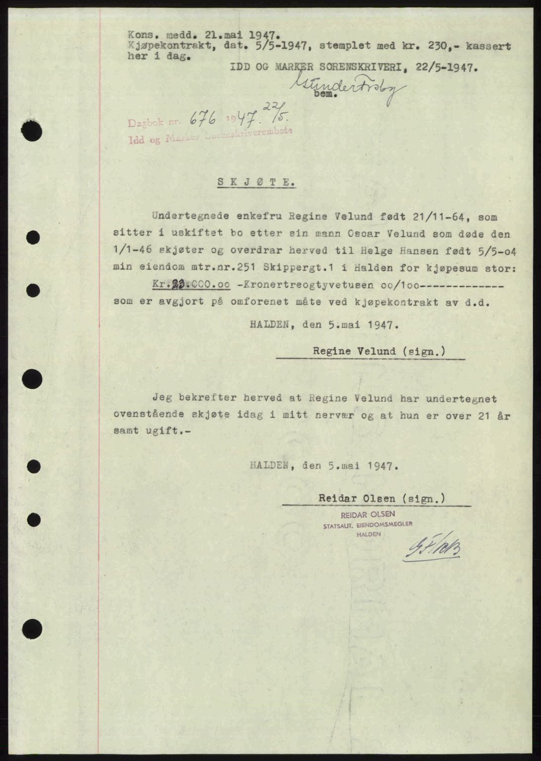 Idd og Marker sorenskriveri, SAO/A-10283/G/Gb/Gbb/L0009: Pantebok nr. A9, 1946-1947, Dagboknr: 676/1947