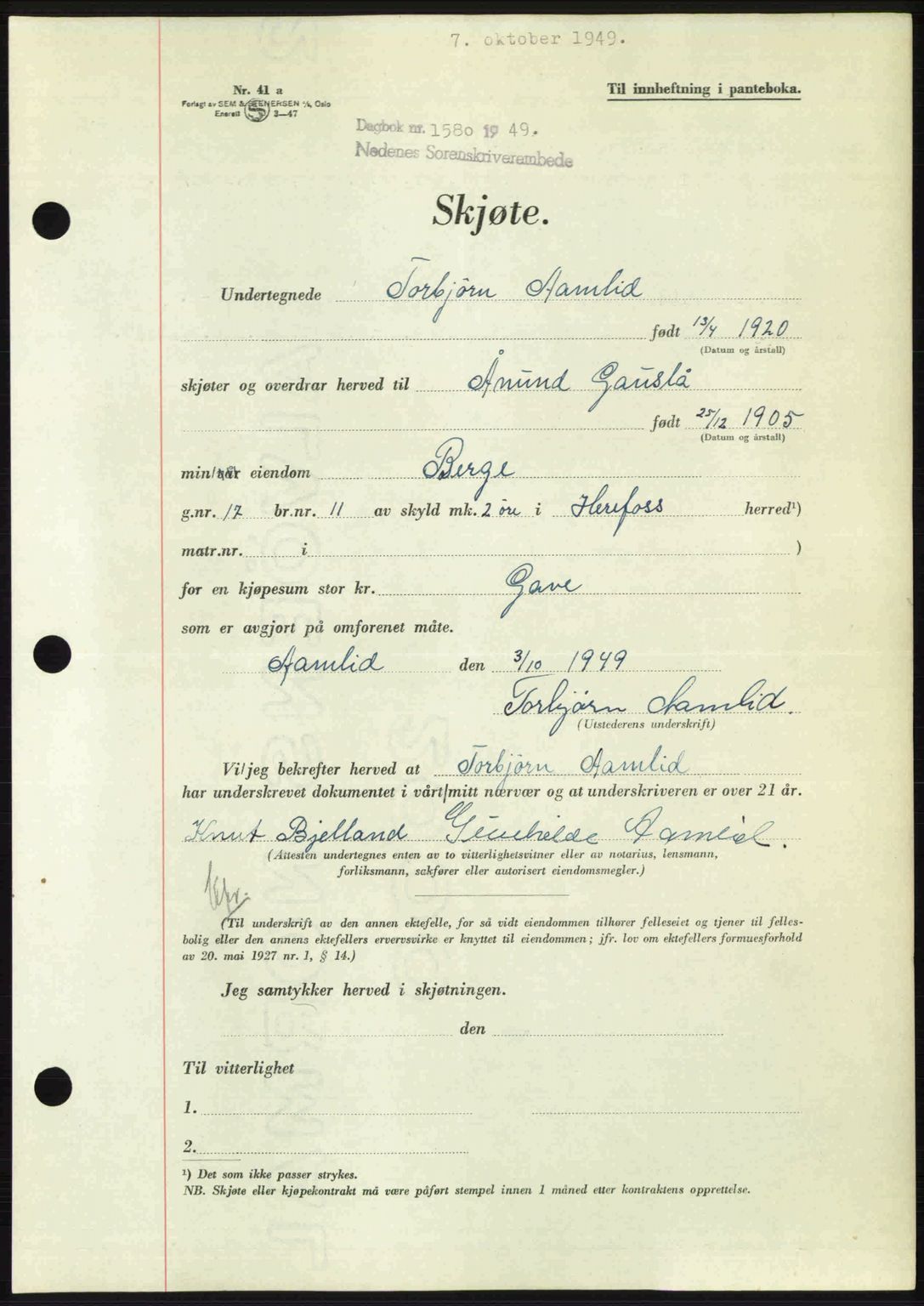 Nedenes sorenskriveri, AV/SAK-1221-0006/G/Gb/Gba/L0061: Pantebok nr. A13, 1949-1949, Dagboknr: 1580/1949