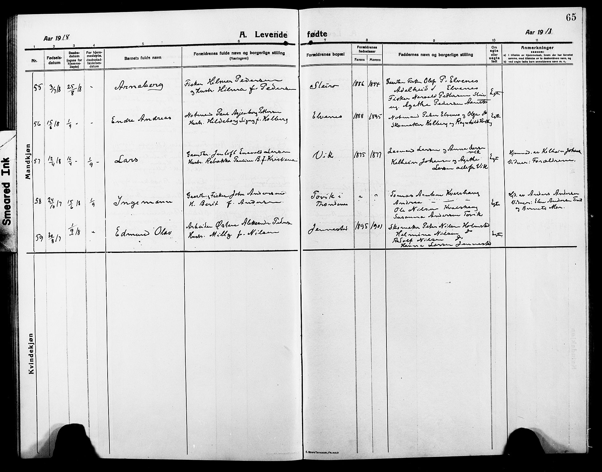 Ministerialprotokoller, klokkerbøker og fødselsregistre - Nordland, AV/SAT-A-1459/895/L1383: Klokkerbok nr. 895C05, 1913-1922, s. 65