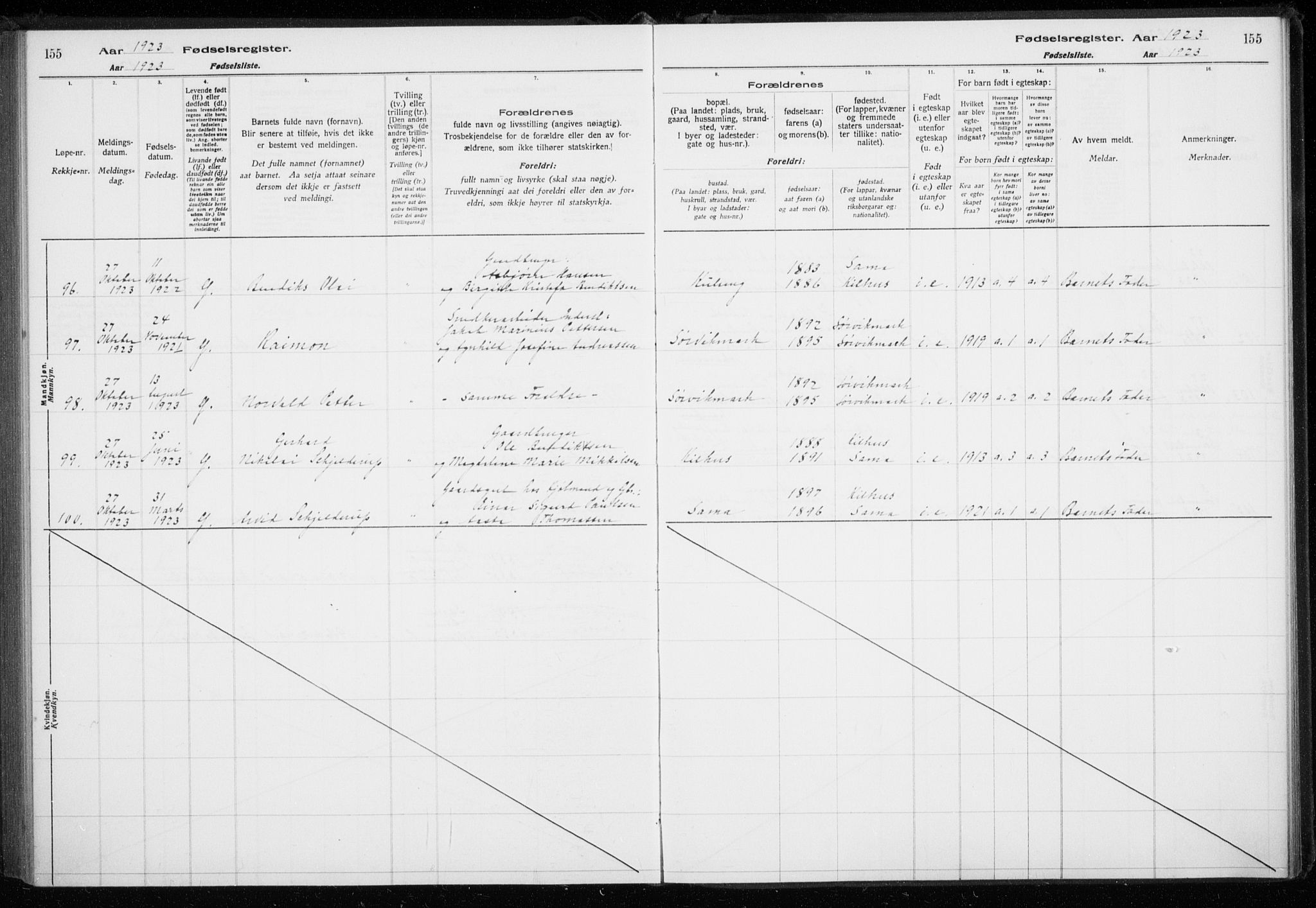 Trondenes sokneprestkontor, AV/SATØ-S-1319/I/Ia/L0089: Fødselsregister nr. 89, 1916-1925, s. 155