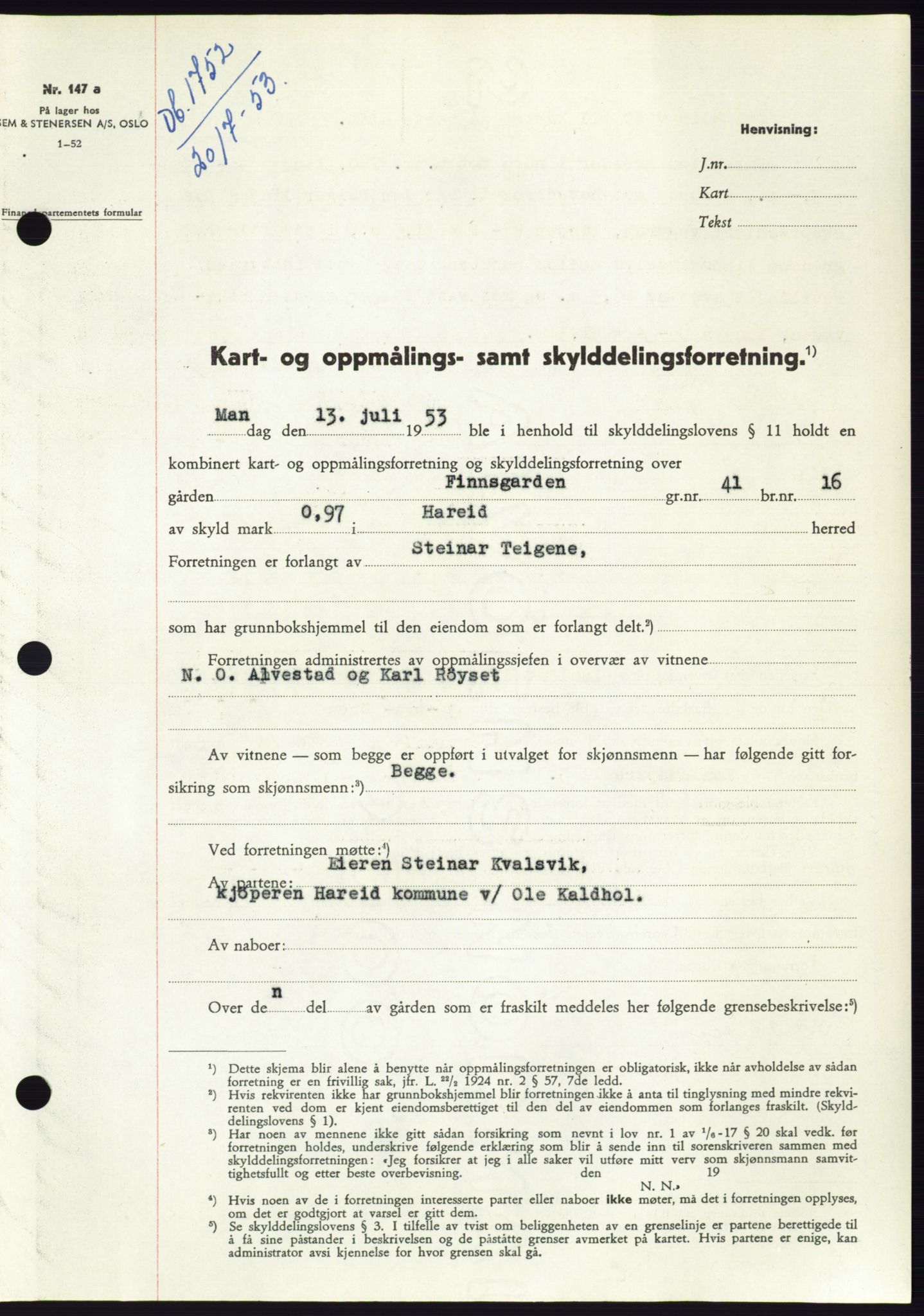 Søre Sunnmøre sorenskriveri, AV/SAT-A-4122/1/2/2C/L0095: Pantebok nr. 21A, 1953-1953, Dagboknr: 1752/1953