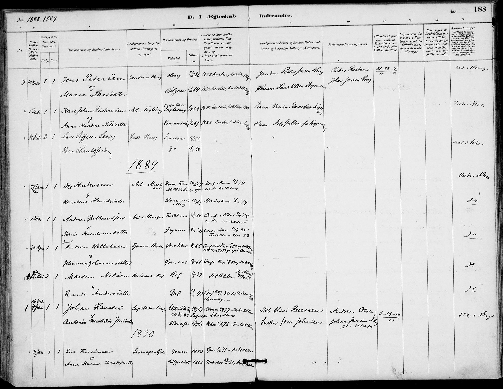 Haug kirkebøker, AV/SAKO-A-604/F/Fa/L0001: Ministerialbok nr. 1, 1885-1917, s. 188