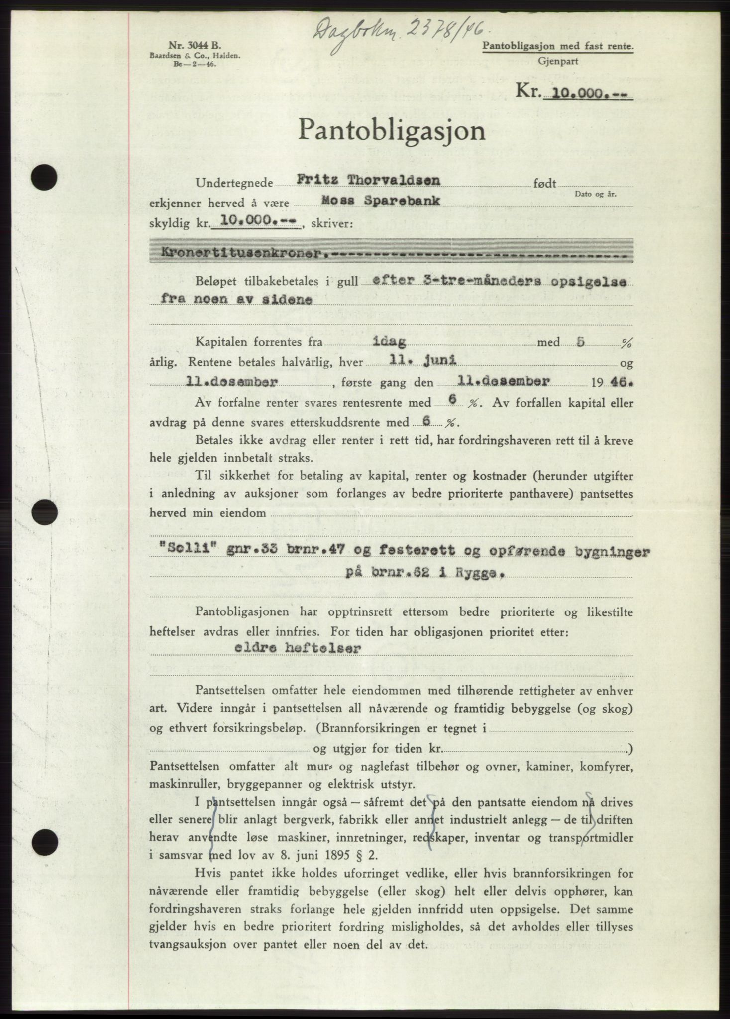 Moss sorenskriveri, SAO/A-10168: Pantebok nr. B16, 1946-1947, Dagboknr: 2378/1946