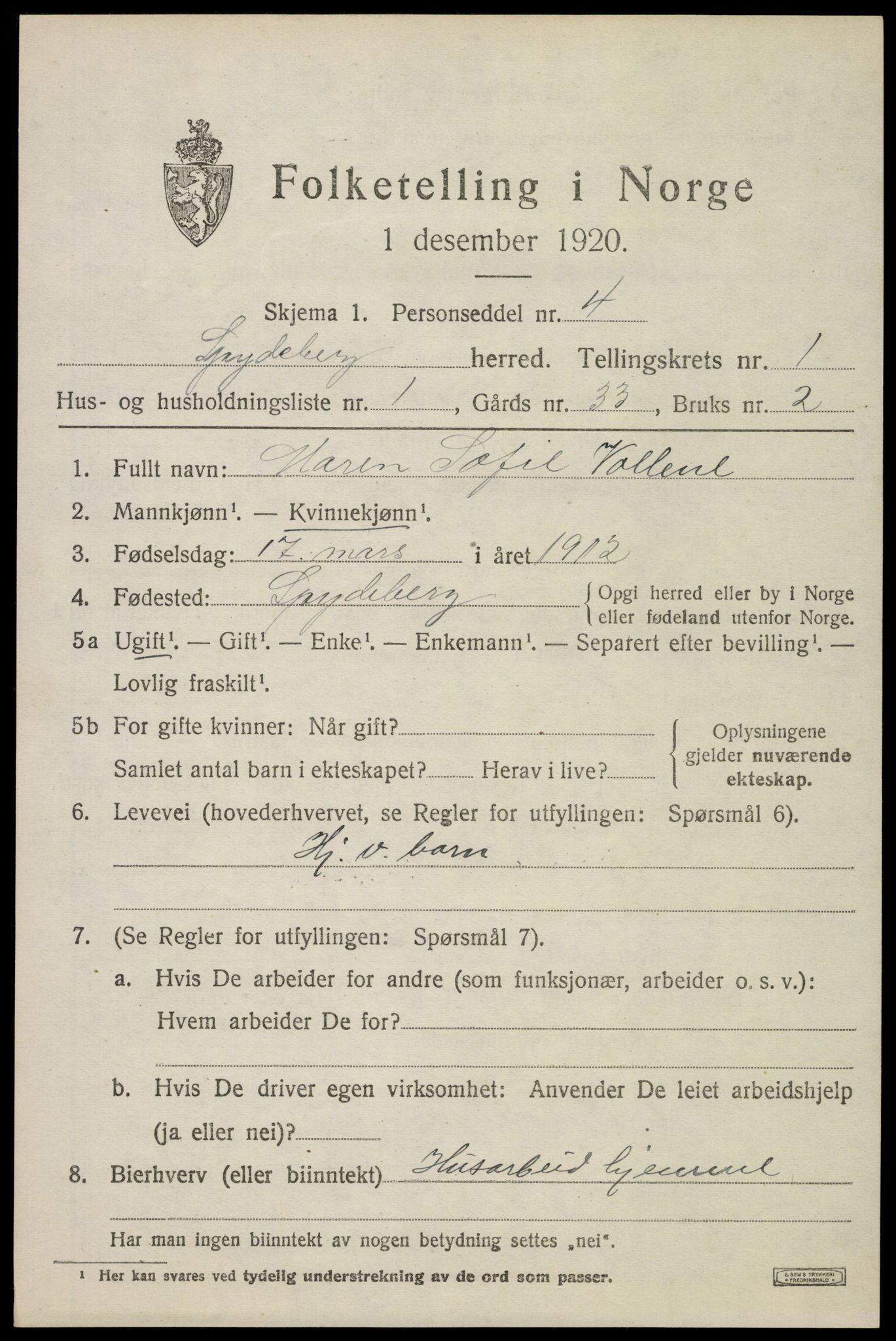 SAO, Folketelling 1920 for 0123 Spydeberg herred, 1920, s. 1043