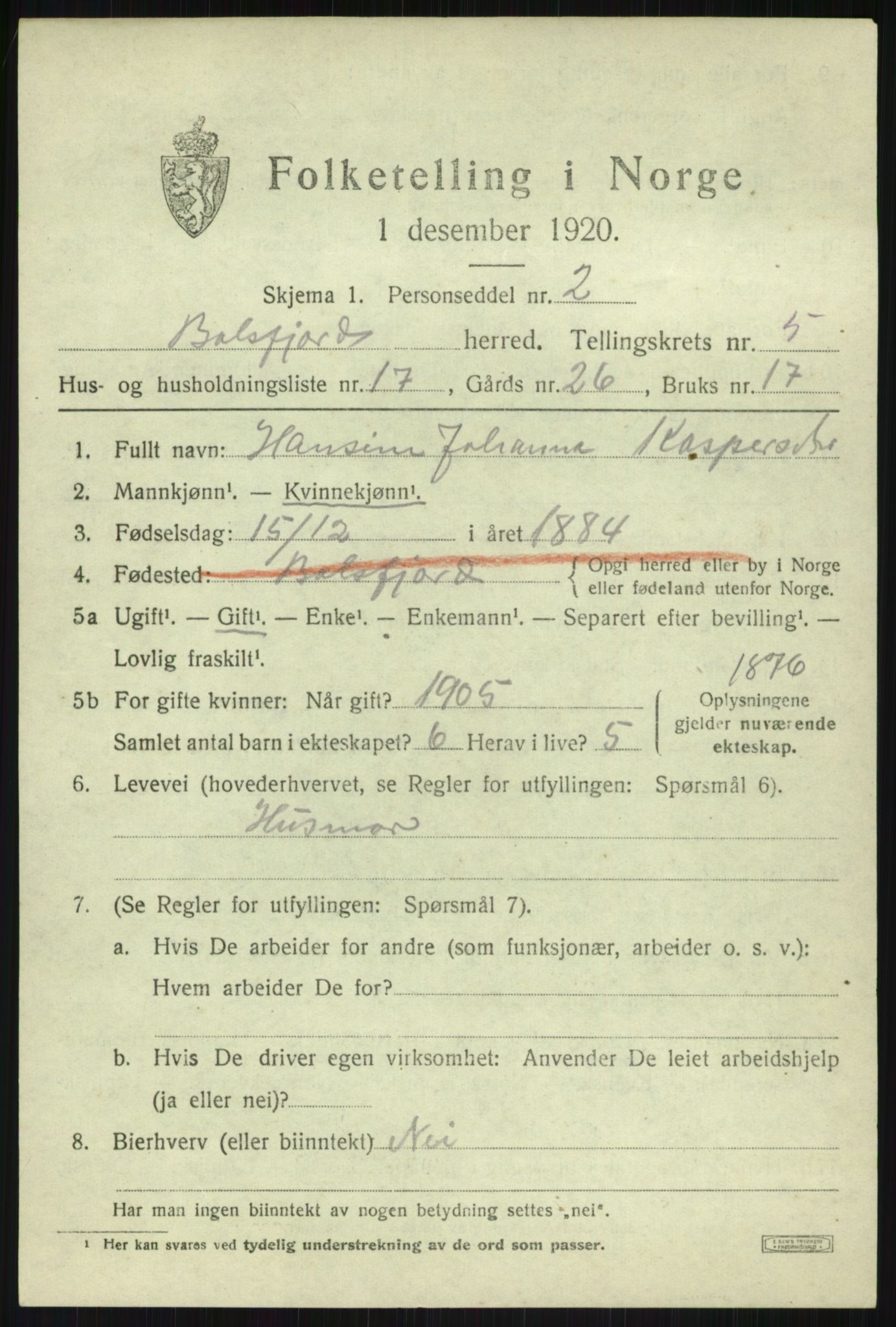 SATØ, Folketelling 1920 for 1933 Balsfjord herred, 1920, s. 3312