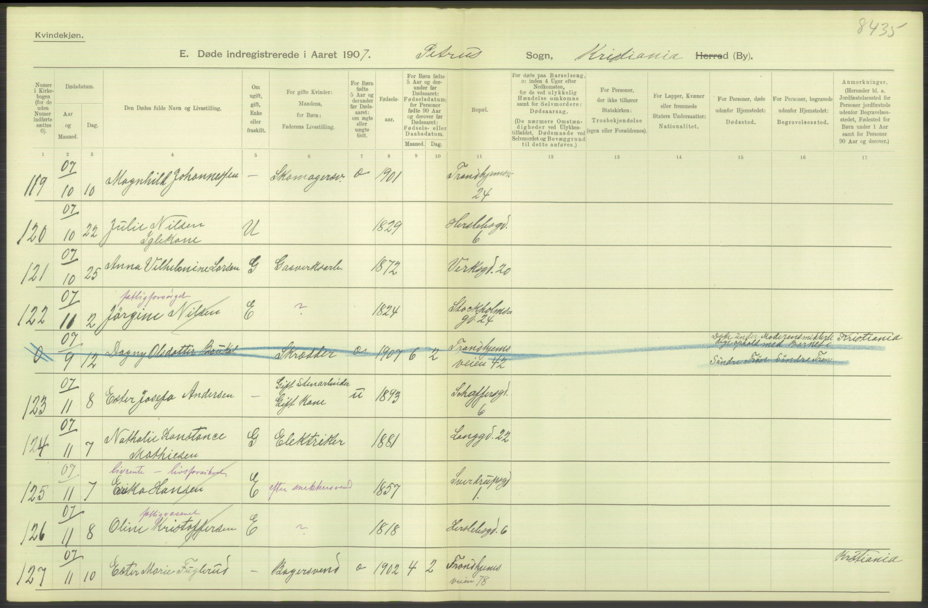 Statistisk sentralbyrå, Sosiodemografiske emner, Befolkning, RA/S-2228/D/Df/Dfa/Dfae/L0009: Kristiania: Døde, 1907, s. 348