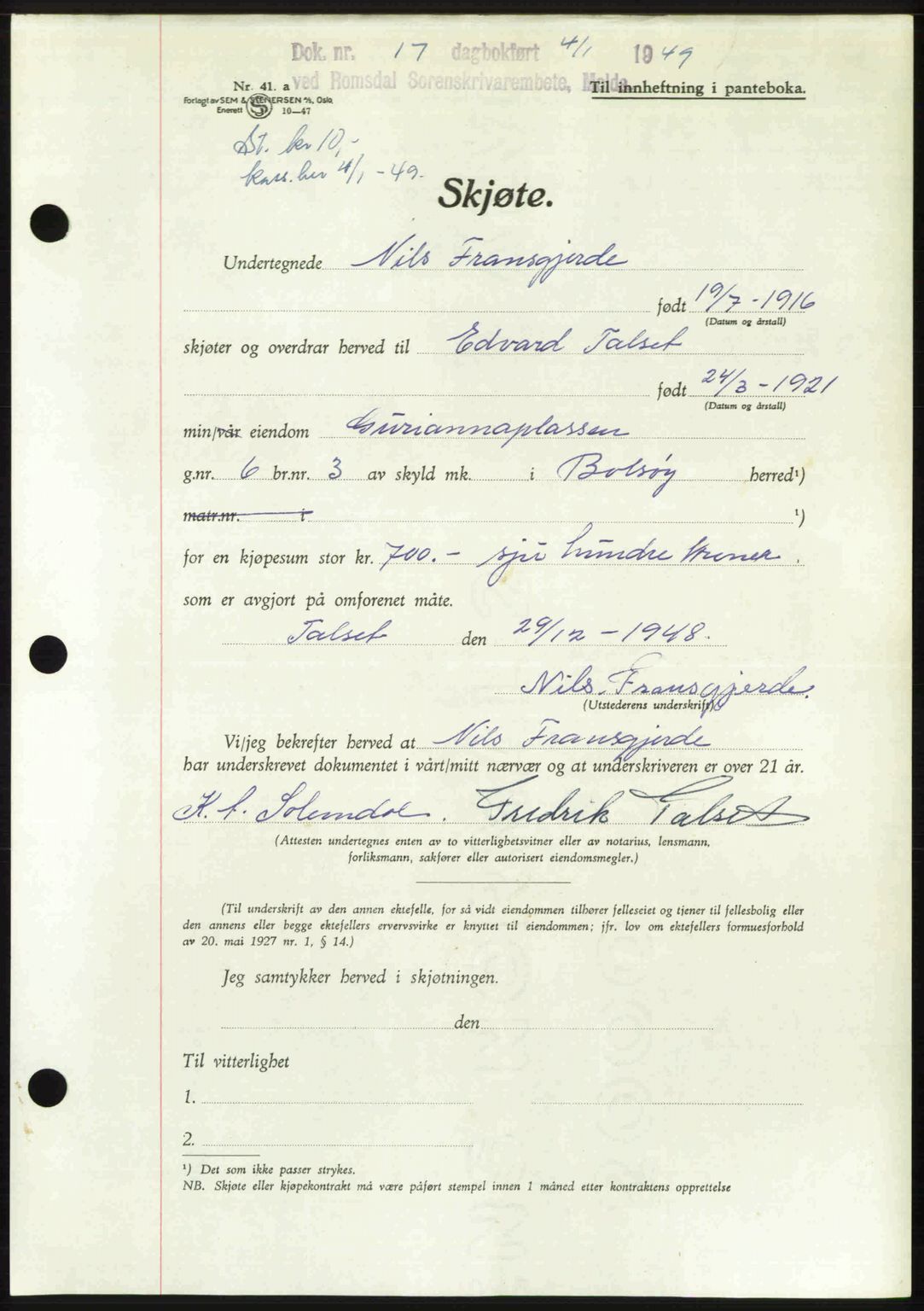 Romsdal sorenskriveri, AV/SAT-A-4149/1/2/2C: Pantebok nr. A28, 1948-1949, Dagboknr: 17/1949