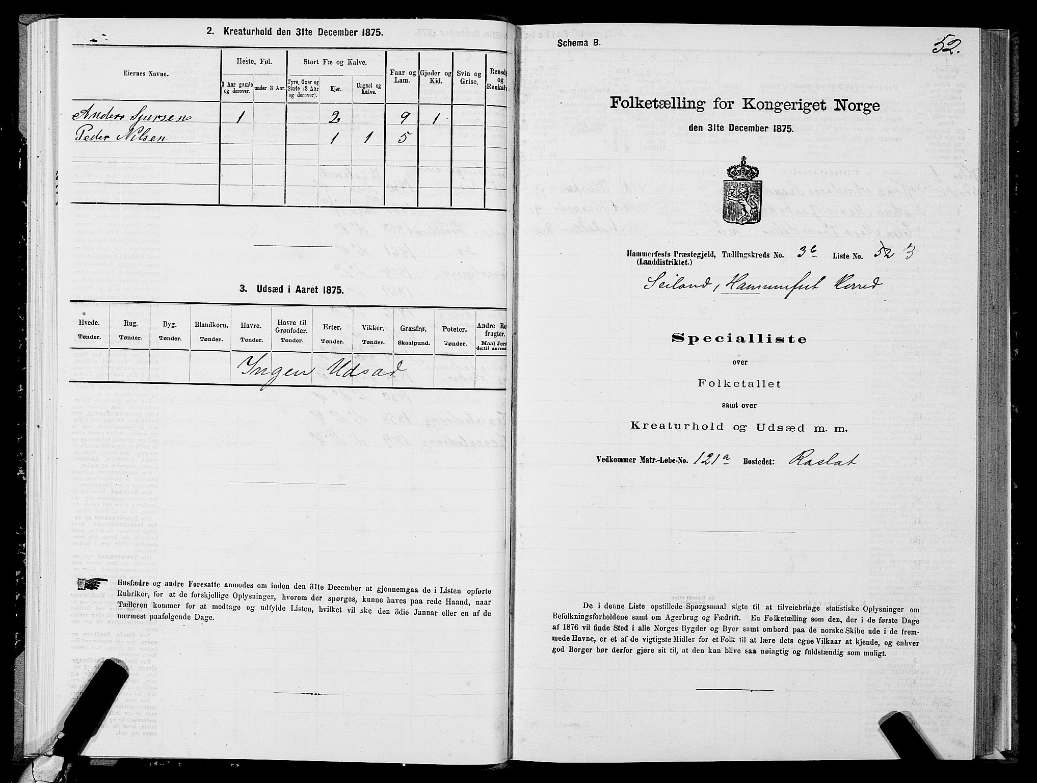 SATØ, Folketelling 1875 for 2016L Hammerfest prestegjeld, Hammerfest landsokn og Kvalsund sokn, 1875, s. 1052