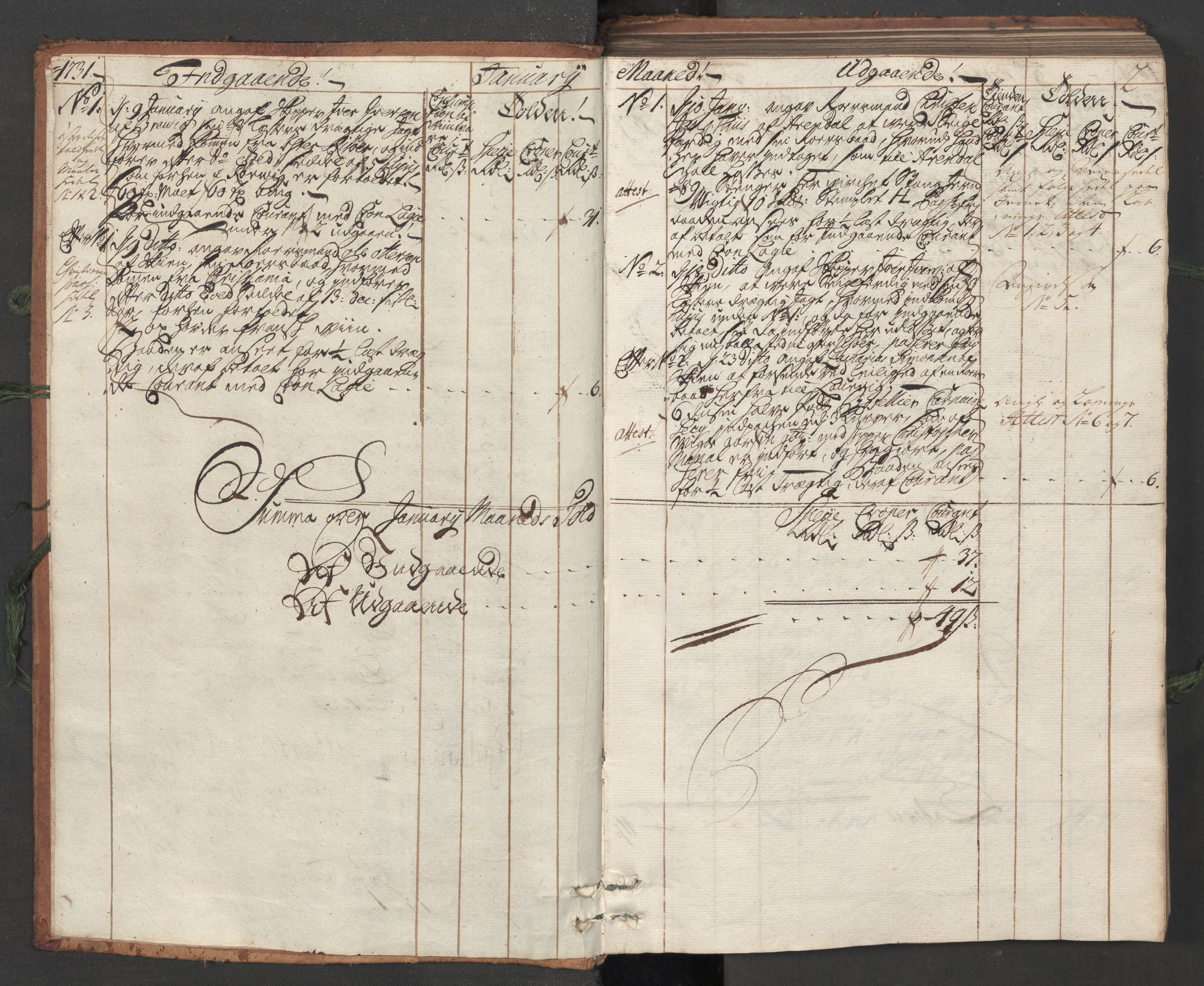Generaltollkammeret, tollregnskaper, RA/EA-5490/R12/L0007/0001: Tollregnskaper Langesund / Hovedtollbok, 1731, s. 1b-2a