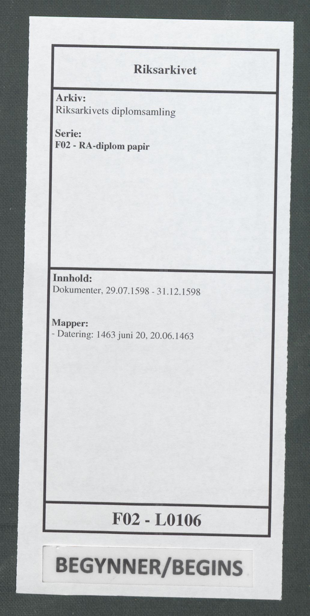 Riksarkivets diplomsamling, AV/RA-EA-5965/F02/L0106: Dokumenter, 1598, s. 1