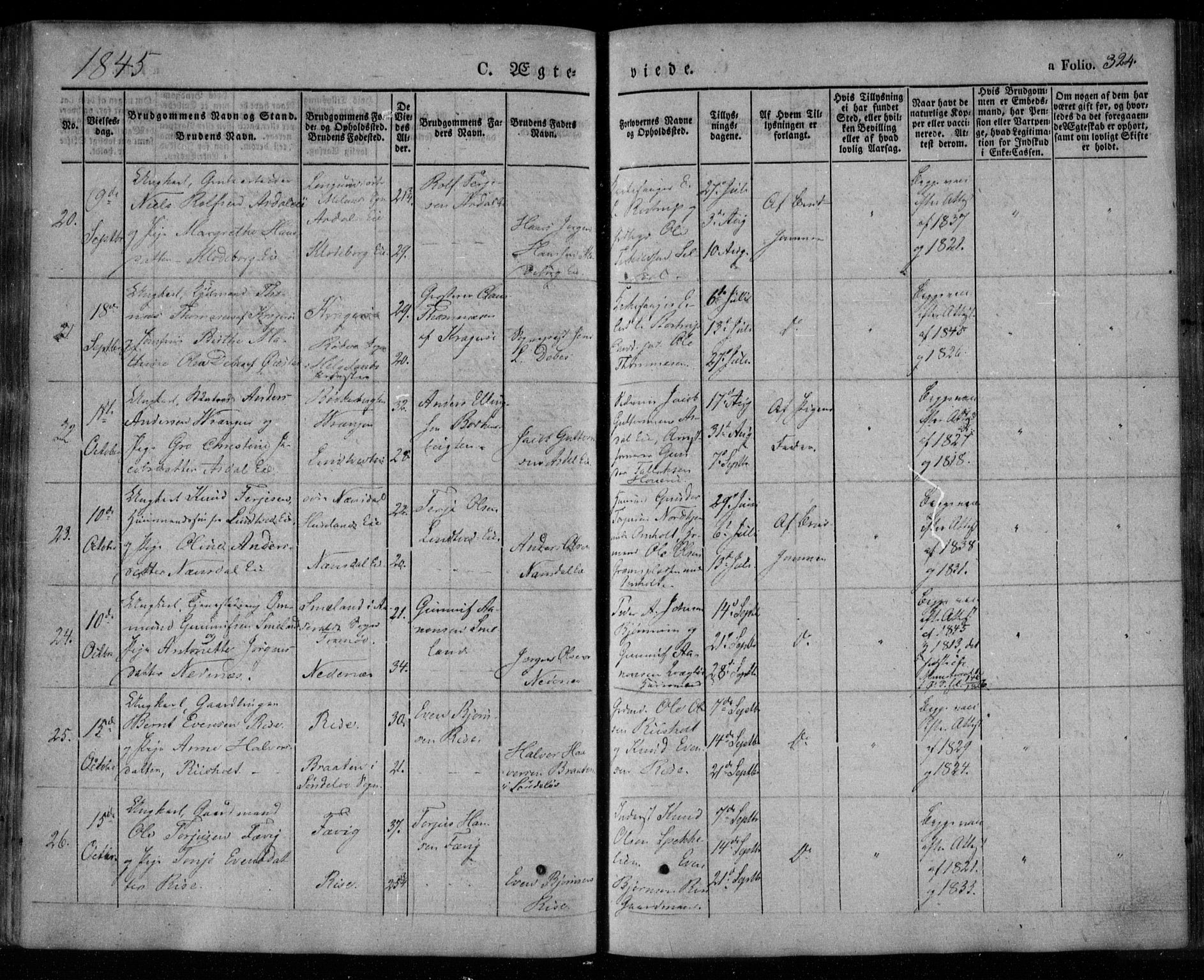 Øyestad sokneprestkontor, AV/SAK-1111-0049/F/Fa/L0014: Ministerialbok nr. A 14, 1843-1856, s. 324