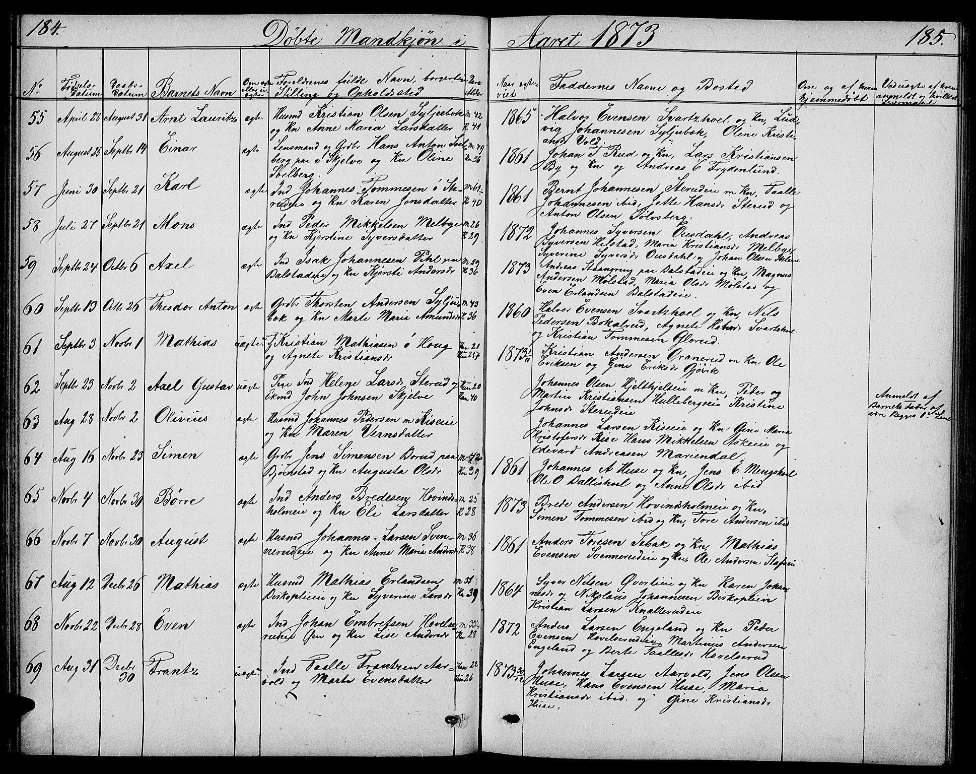 Nes prestekontor, Hedmark, AV/SAH-PREST-020/L/La/L0005: Klokkerbok nr. 5, 1852-1889, s. 184-185