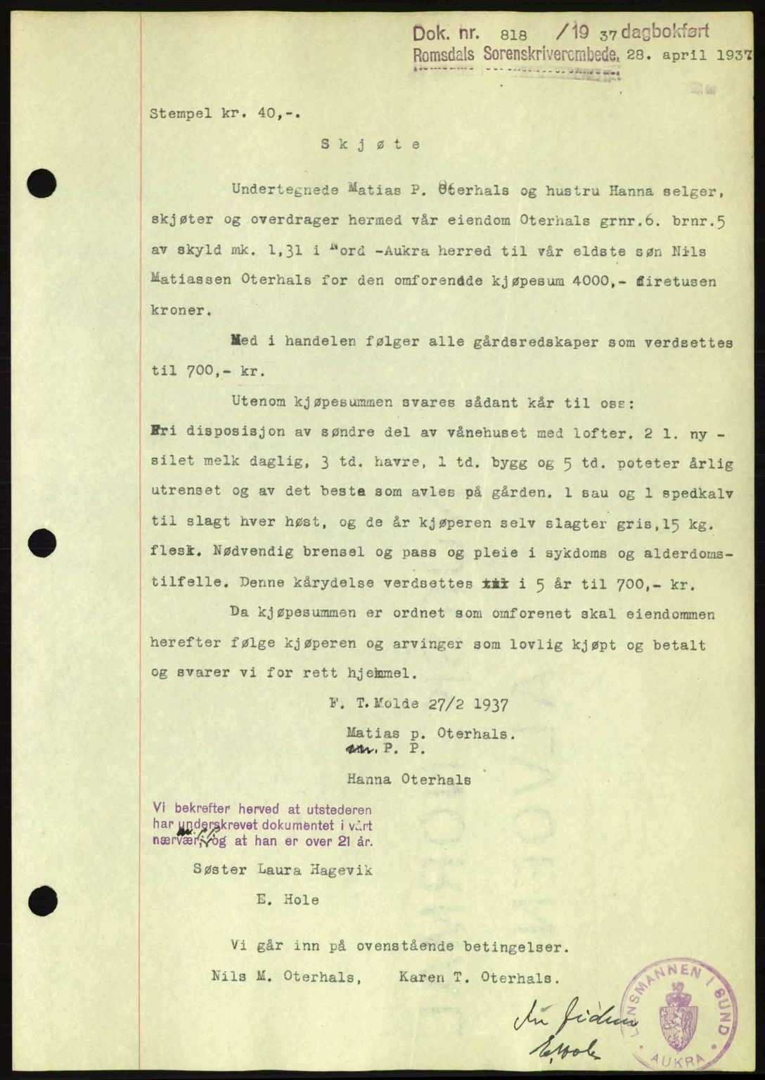 Romsdal sorenskriveri, SAT/A-4149/1/2/2C: Pantebok nr. A3, 1937-1937, Dagboknr: 818/1937