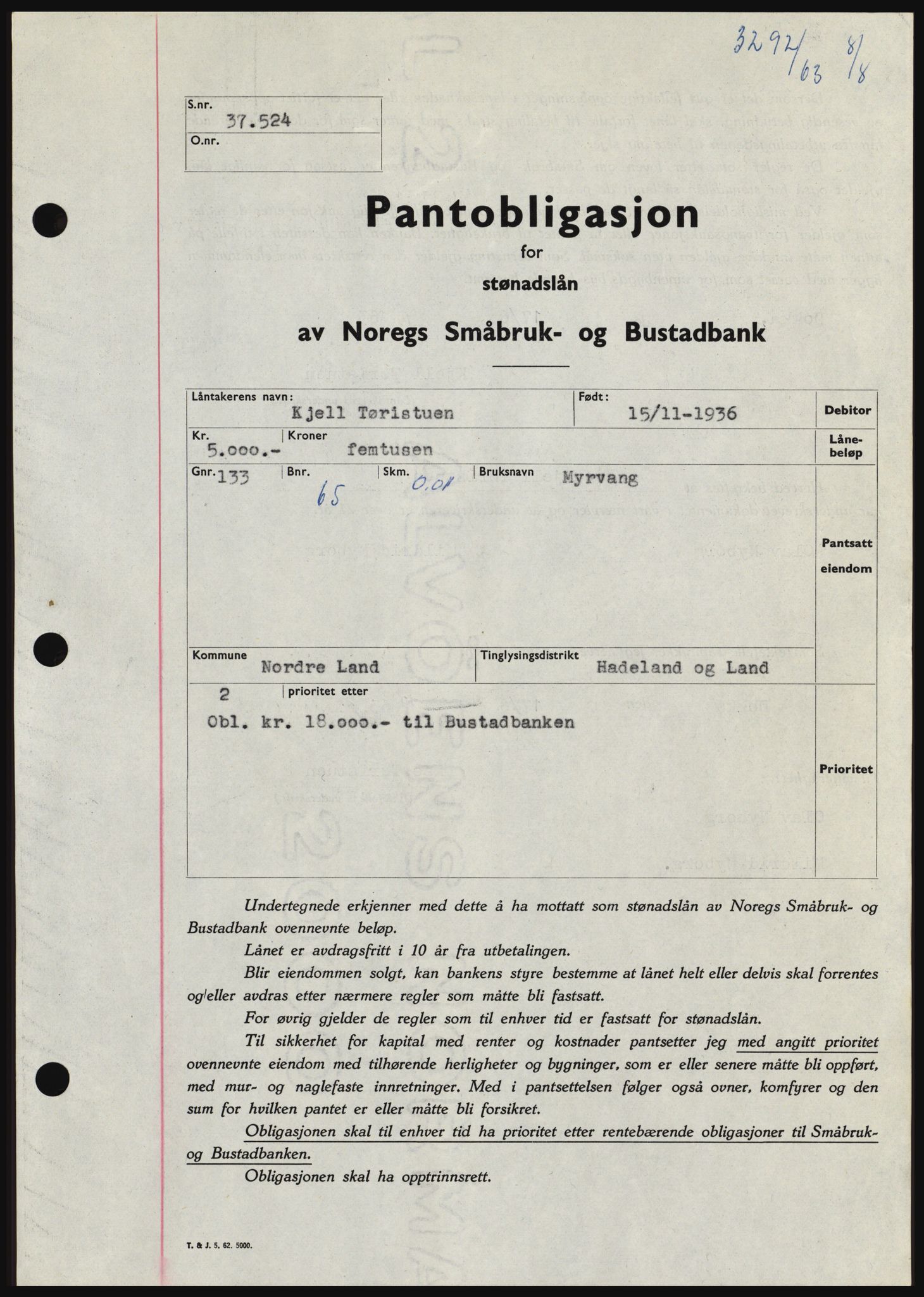 Hadeland og Land tingrett, SAH/TING-010/H/Hb/Hbc/L0052: Pantebok nr. B52, 1963-1963, Dagboknr: 3292/1963